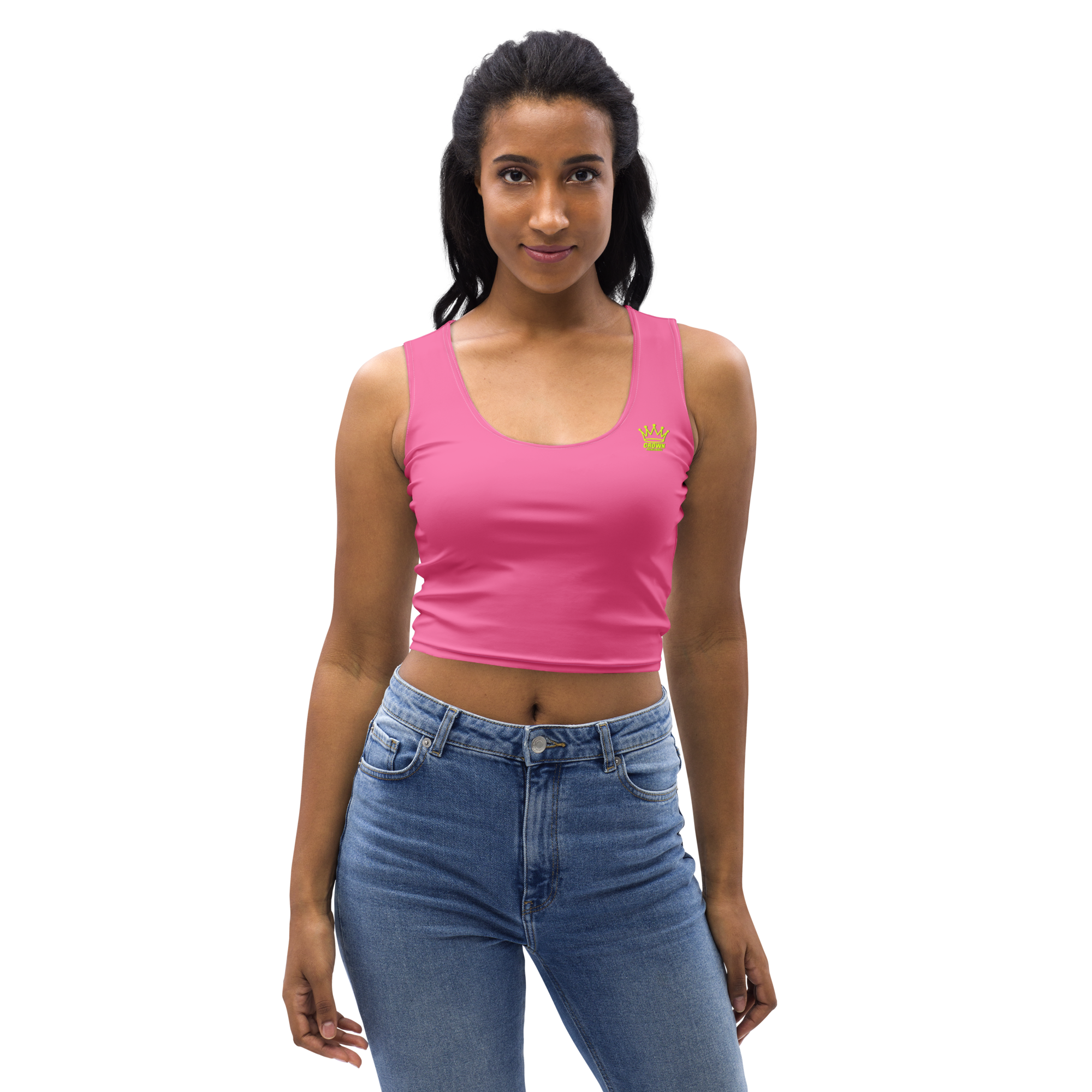 A woman in a pink tank top and blue jeans.