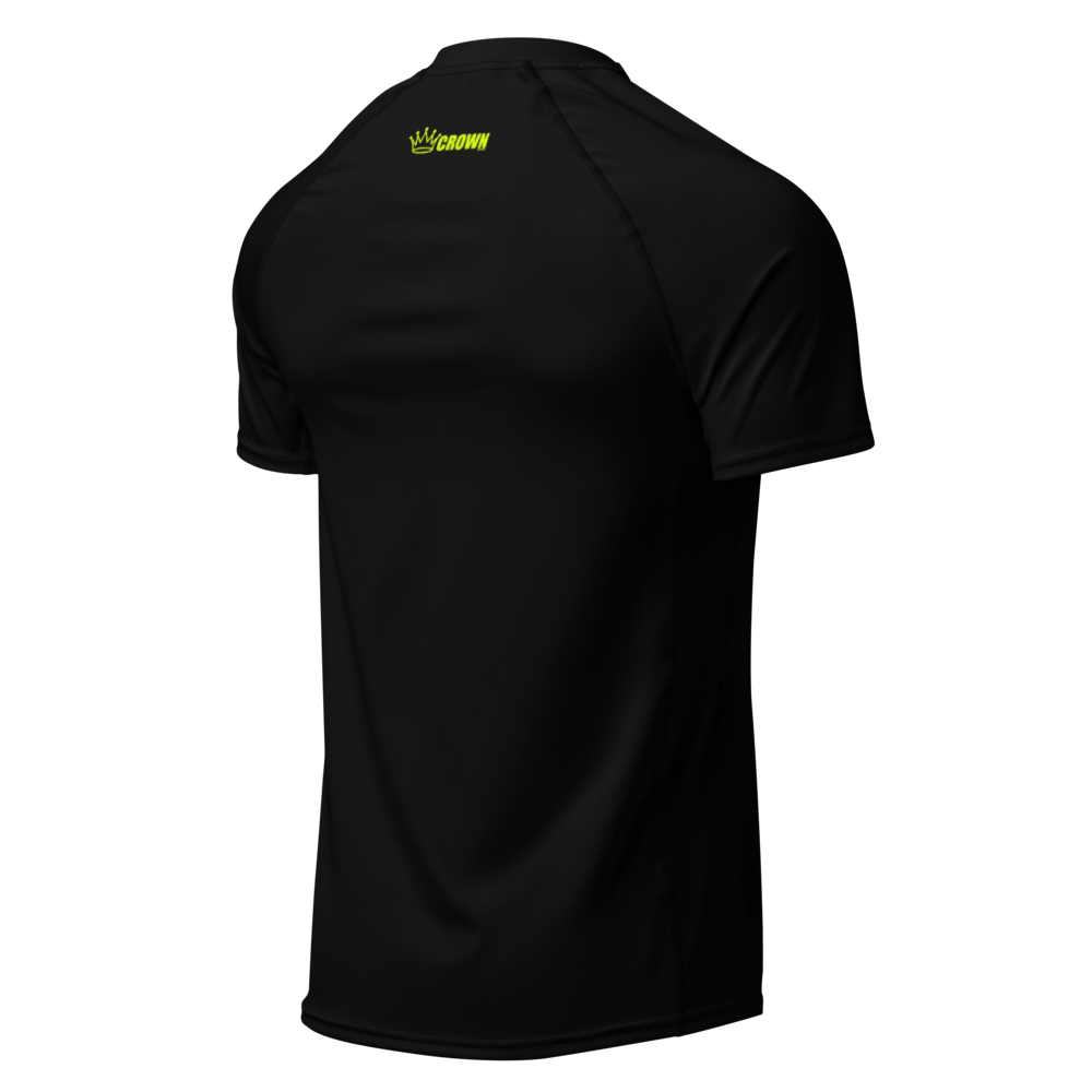 Black short-sleeved shirt with lime green "Crown" logo on the back.