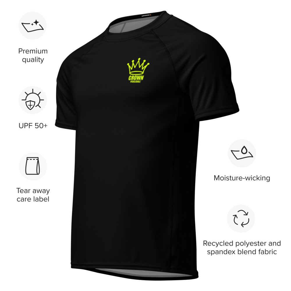 Black short-sleeved athletic shirt with yellow "Crown Pickleball" logo.