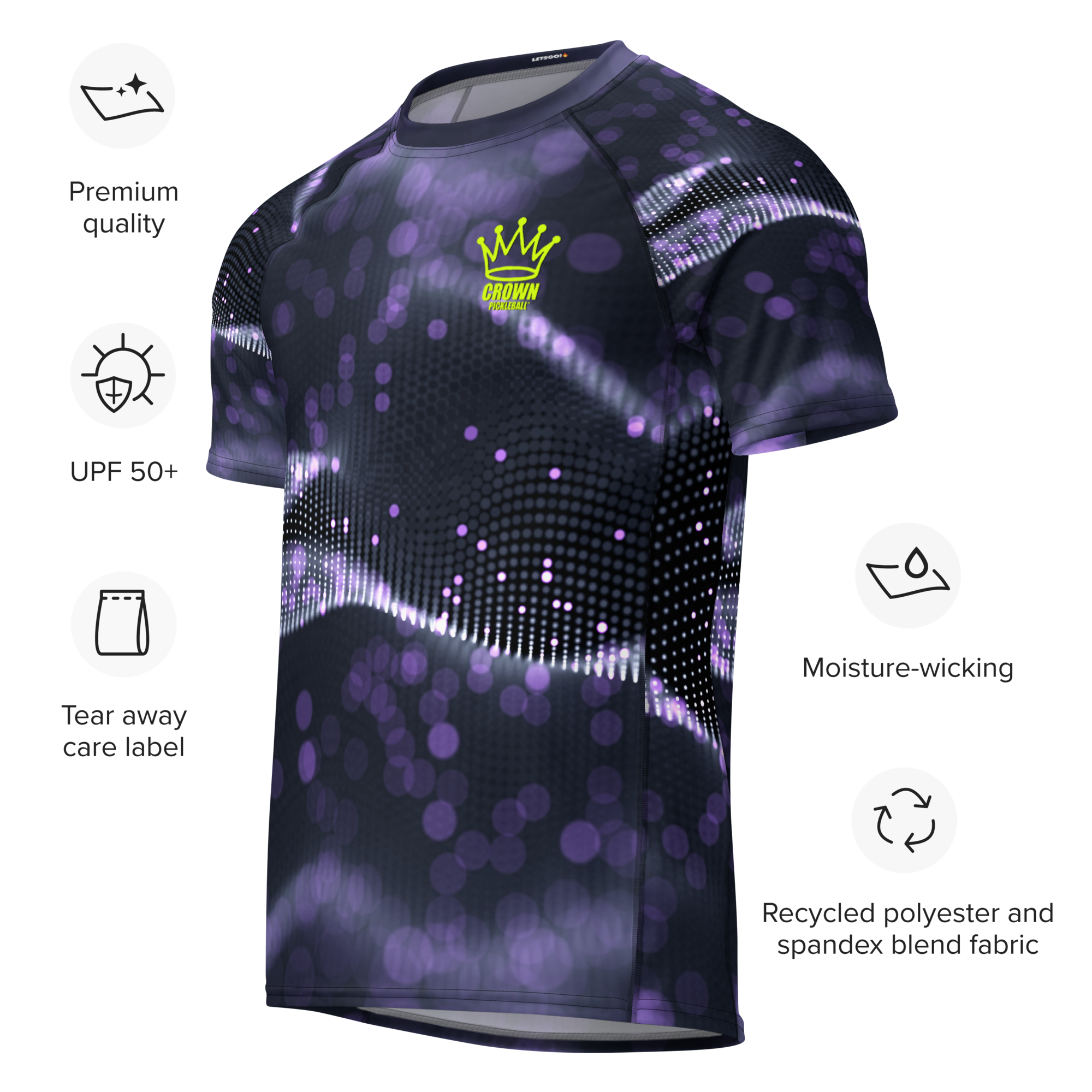 A purple and black t-shirt with a crown logo and various product feature icons.