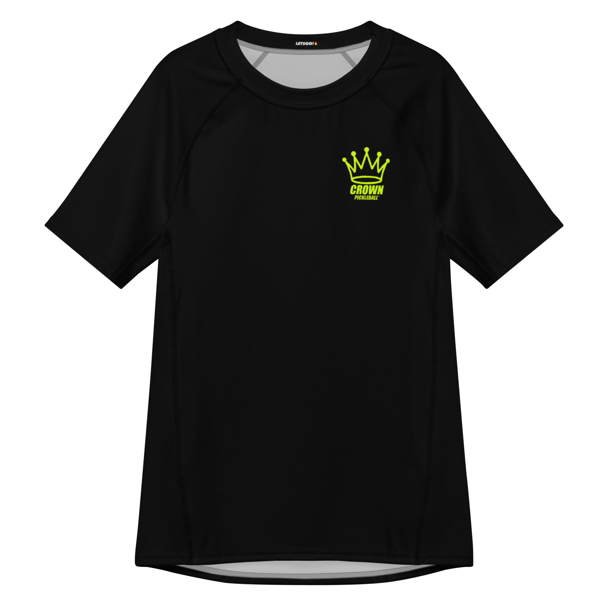 Black shirt with yellow logo.