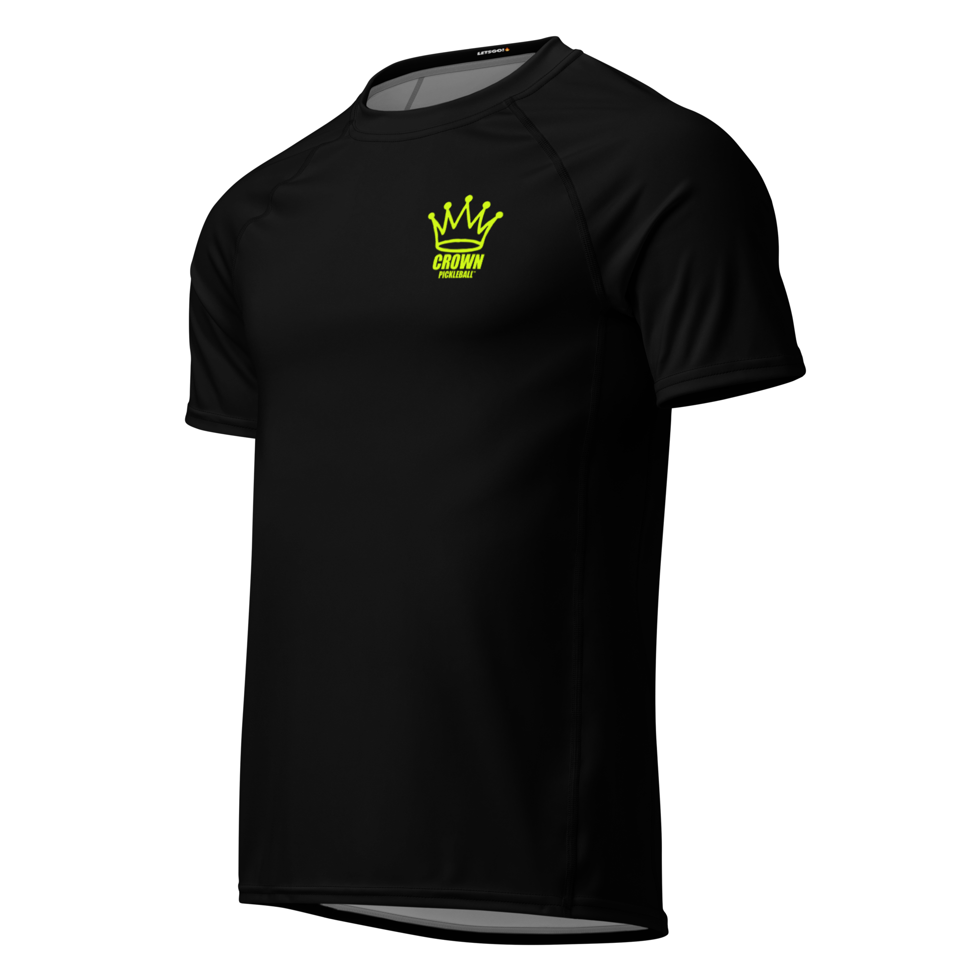 Black t-shirt with yellow "Crown Pickleball" logo.