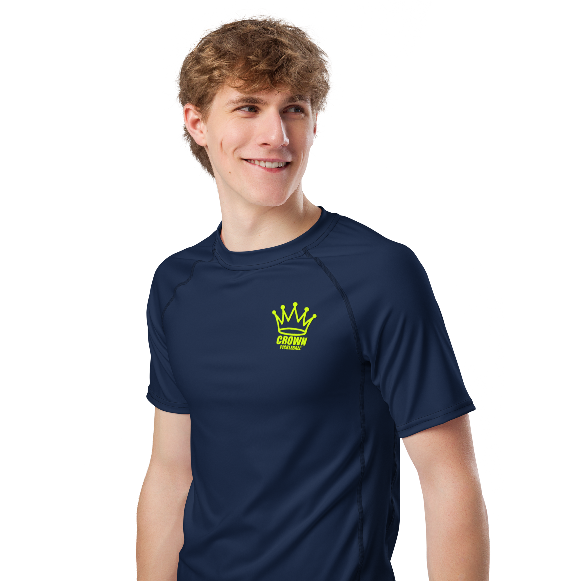 A man wearing a dark blue t-shirt with a yellow logo.