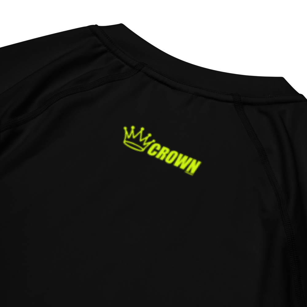 Black athletic shirt with neon green "CROWN" logo.