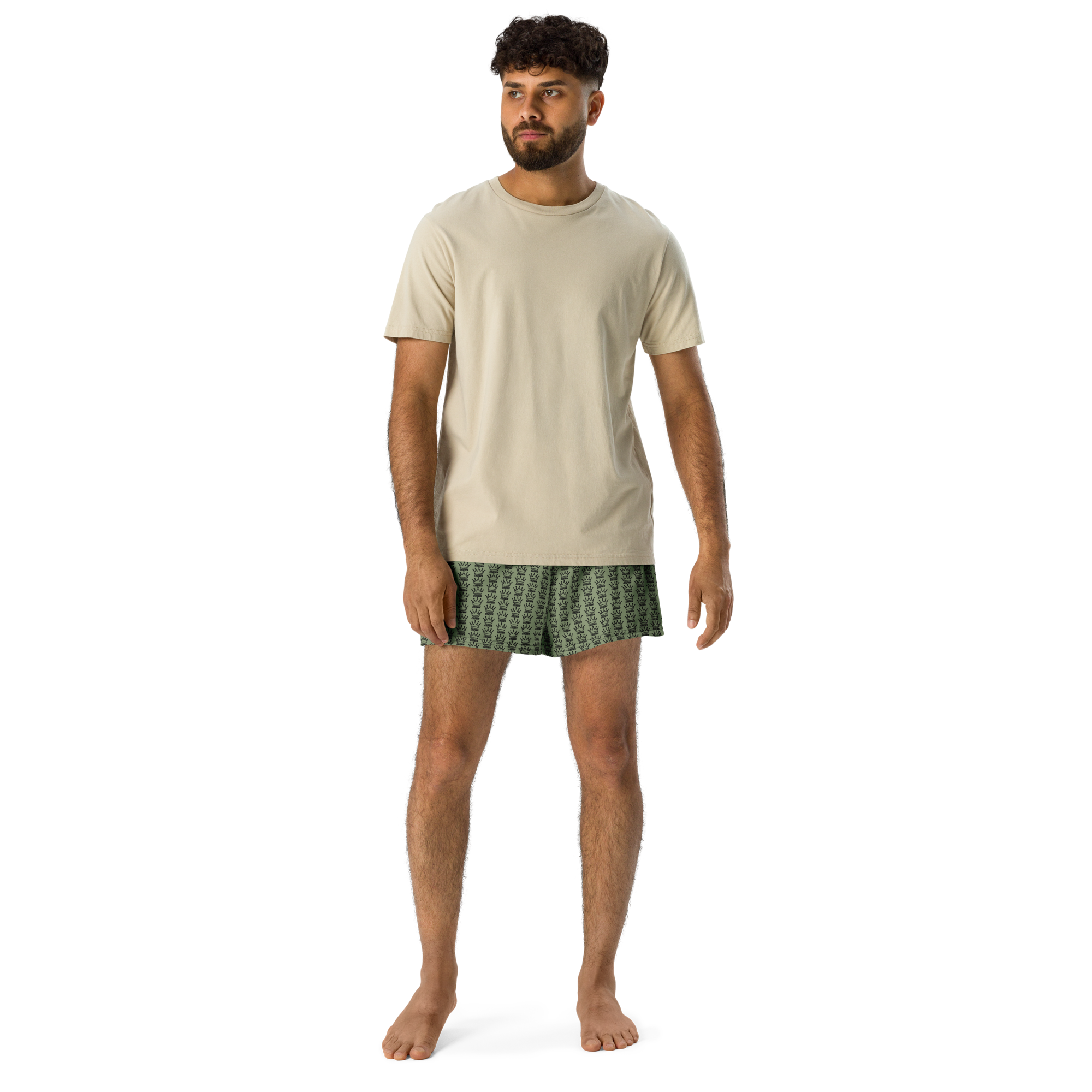 Man in t-shirt and patterned boxer shorts.