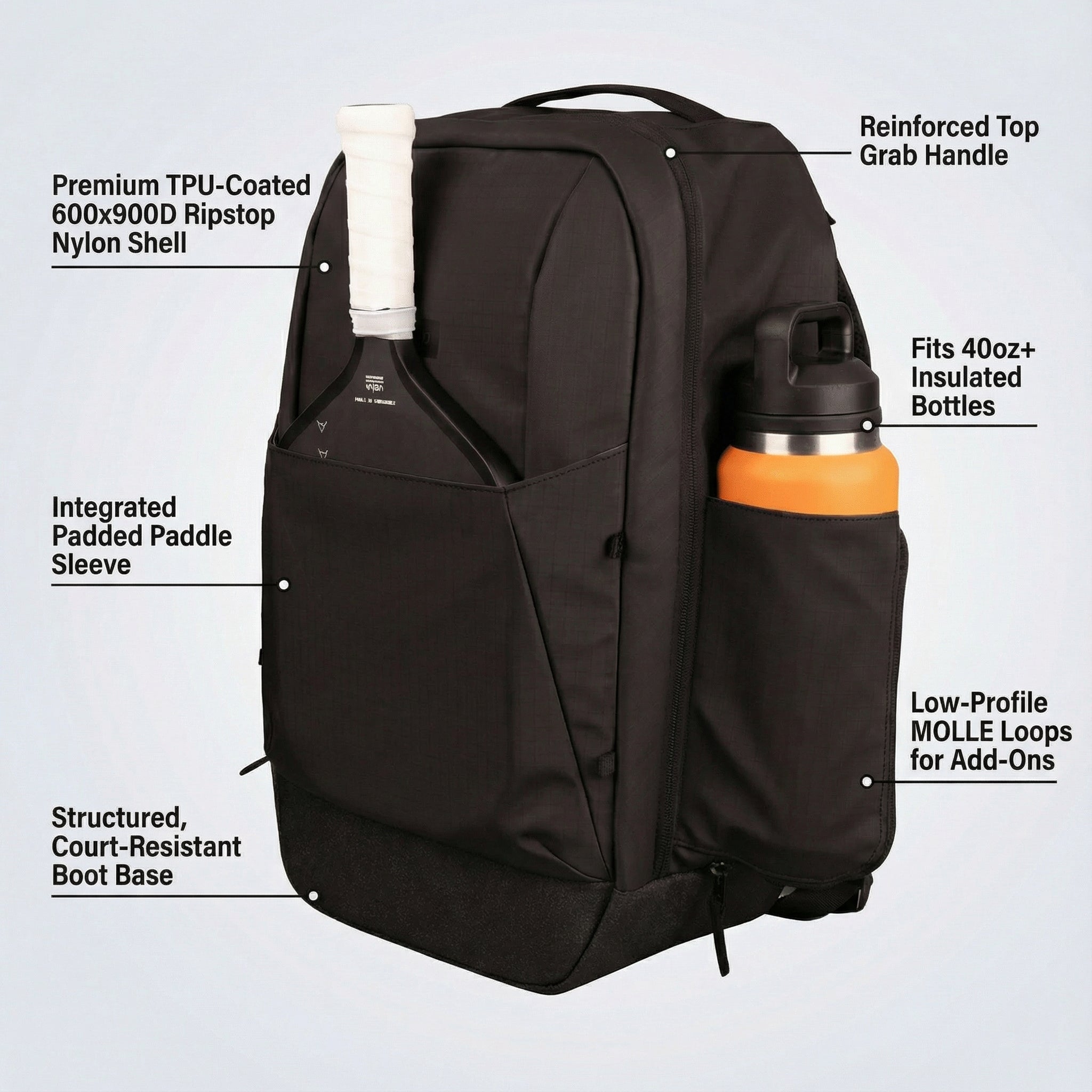 Black TPU-Coated Ripstop Nylon Pickleball Backpack by FORWRD, with a padded paddle sleeve, reinforced handle, bottle pocket, and structured boot base.