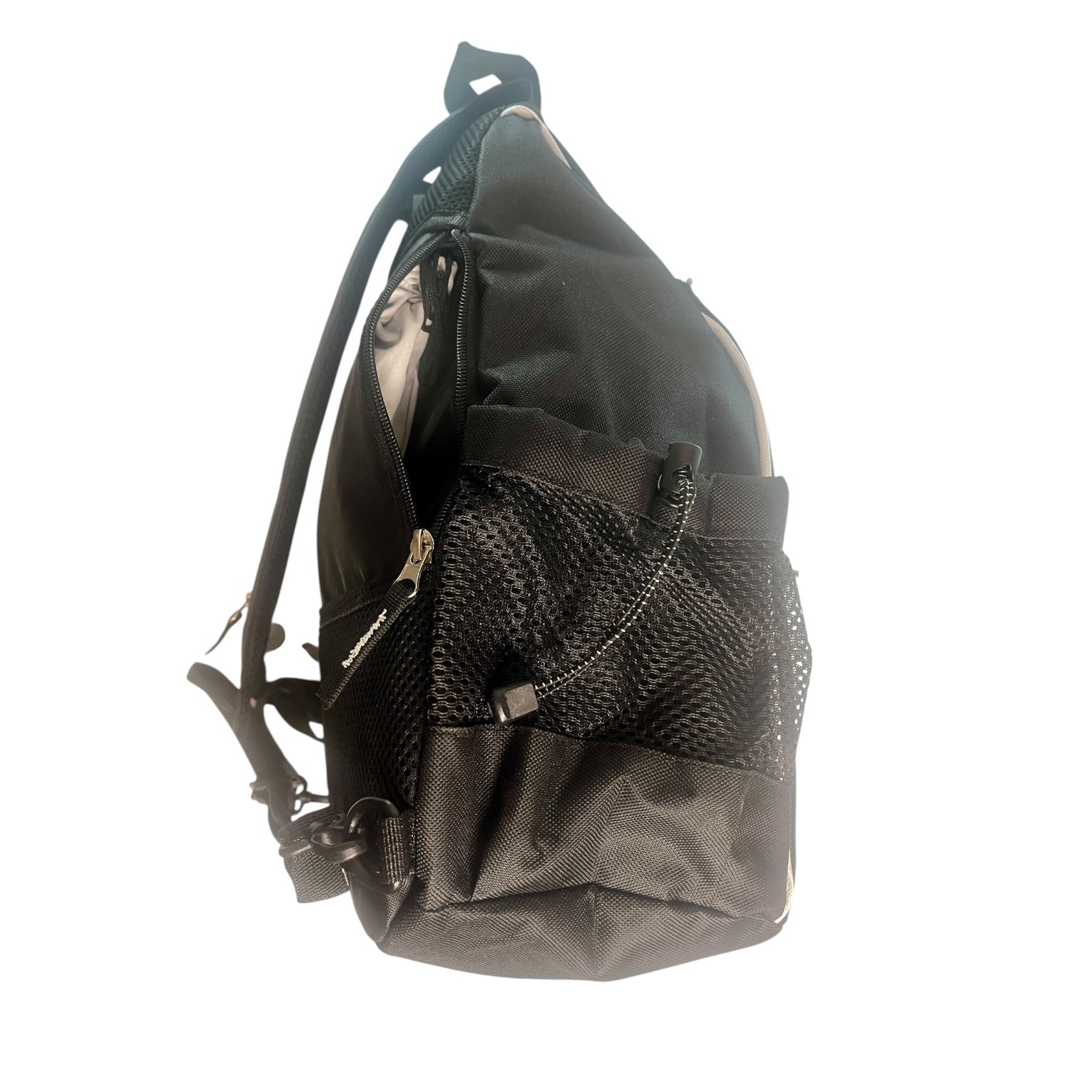 Black backpack with mesh side pocket.