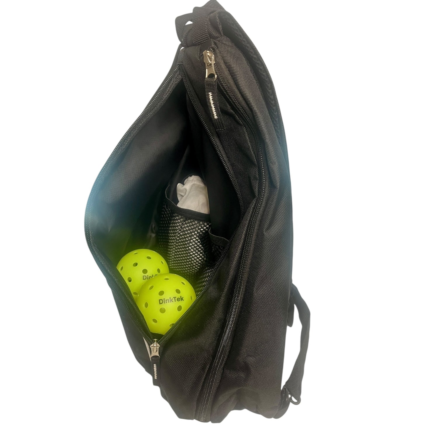 Black backpack with yellow pickleballs inside.