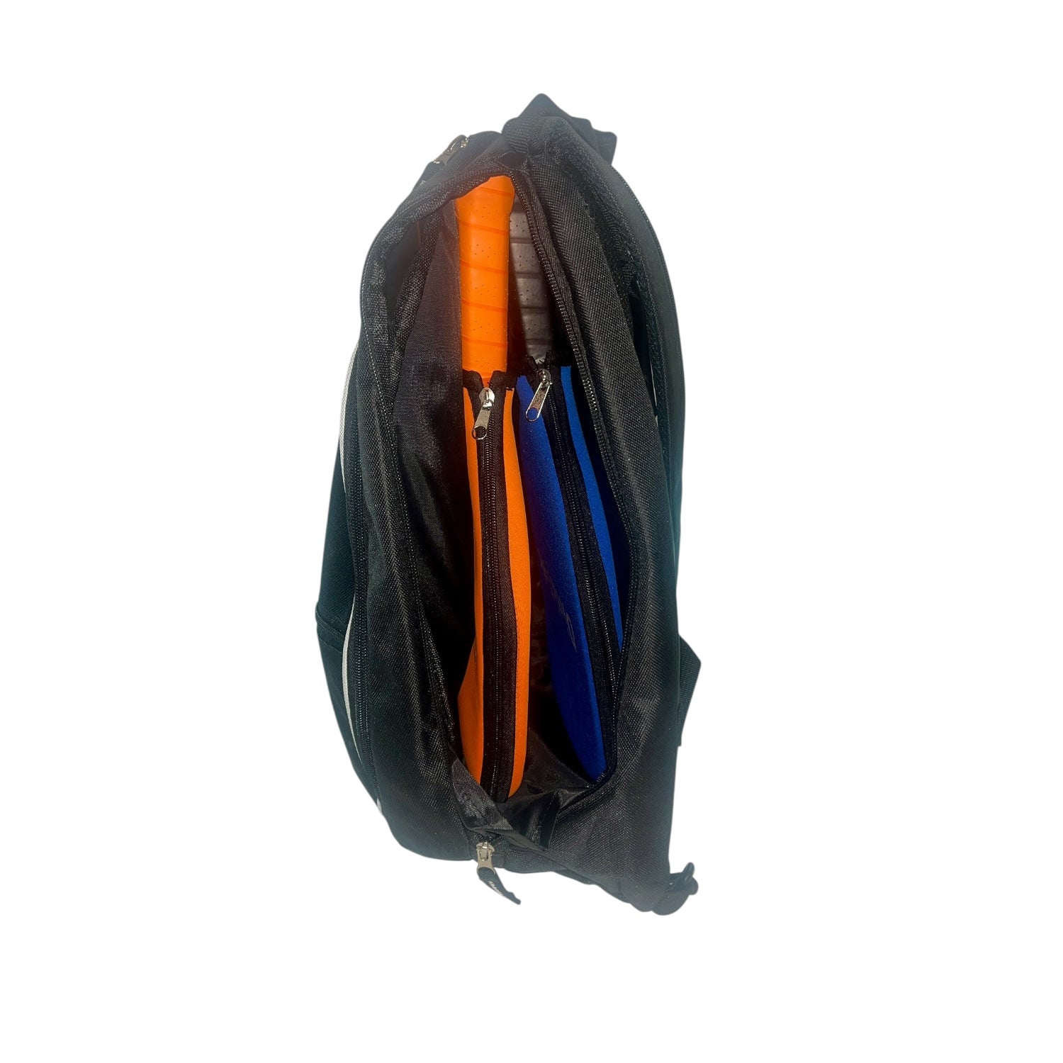 A black backpack with pickleball paddles inside.