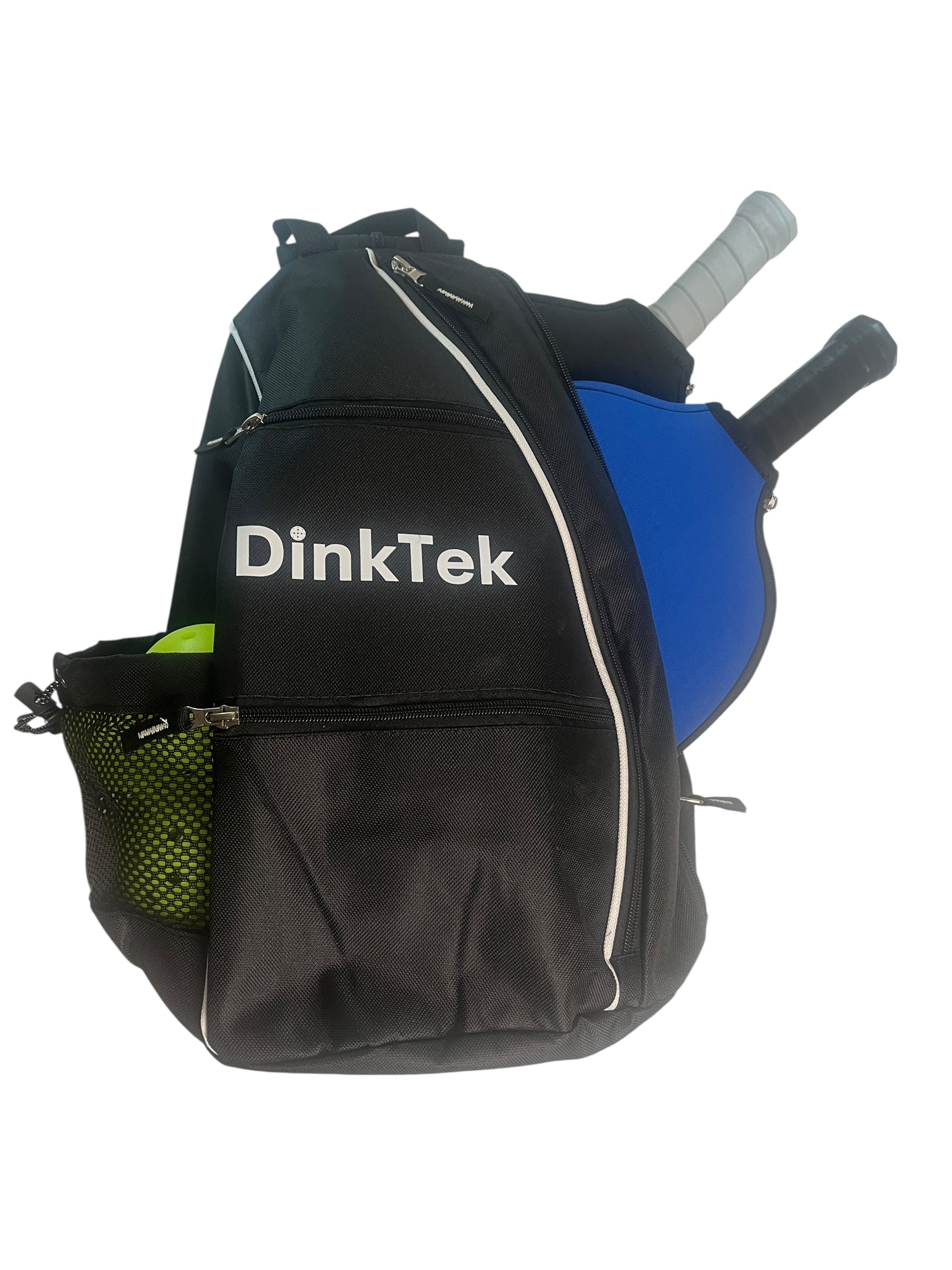 Black DinkTek pickleball backpack with two paddles and pickleballs.