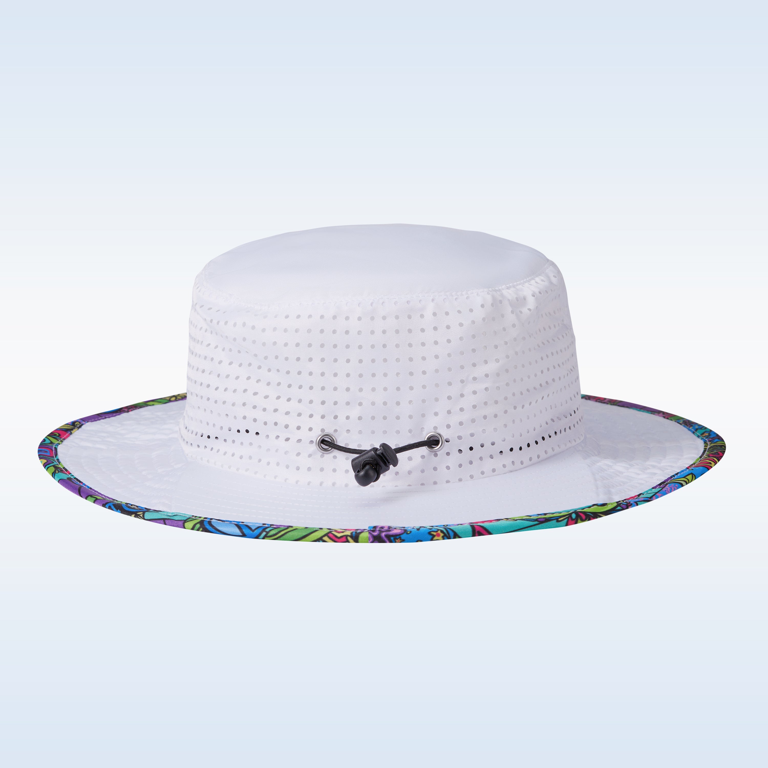 White perforated bucket hat by Pickleball Bella with a vibrant multi-colored groovy patterned brim and black adjustable drawstring.