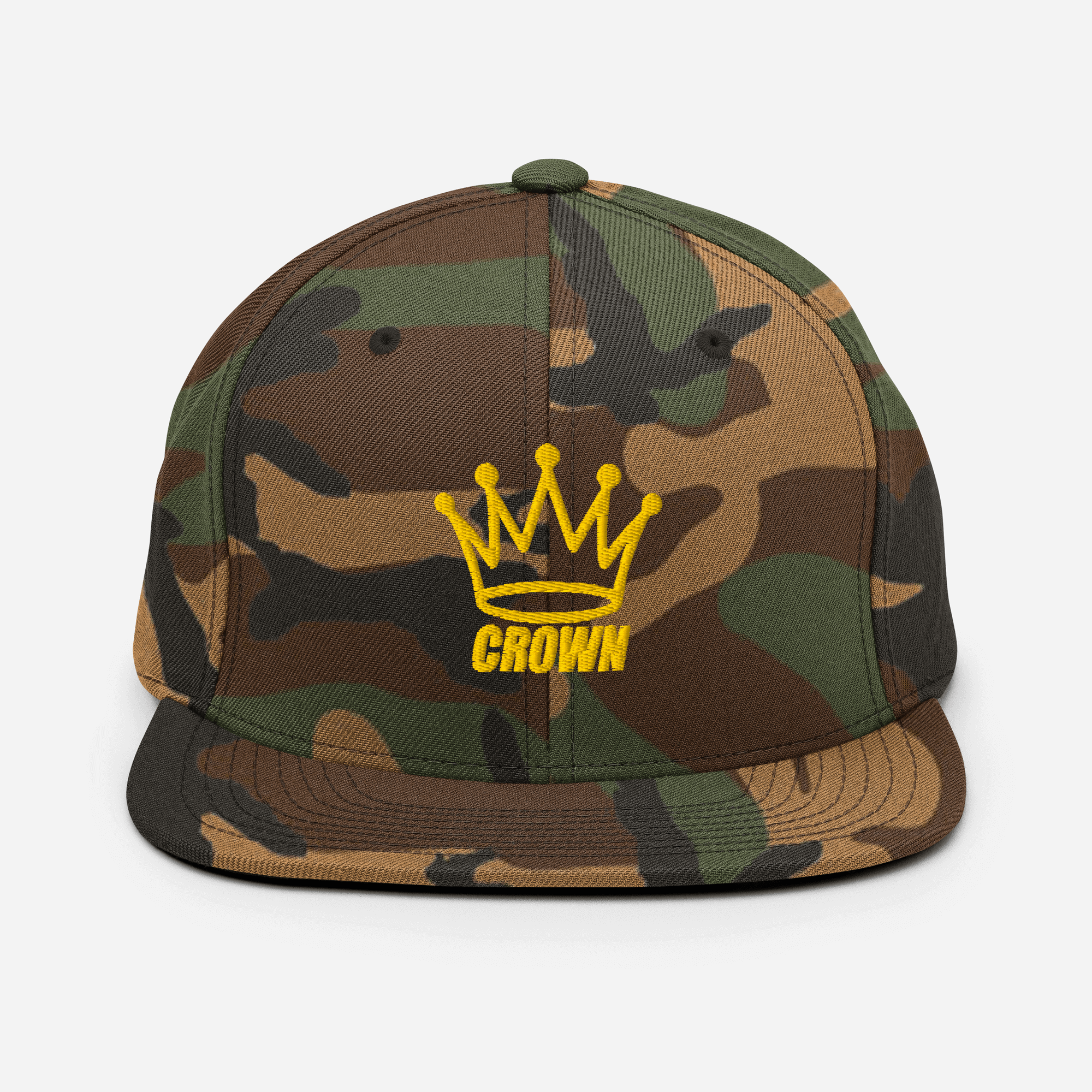 Camo baseball cap with gold crown embroidery.