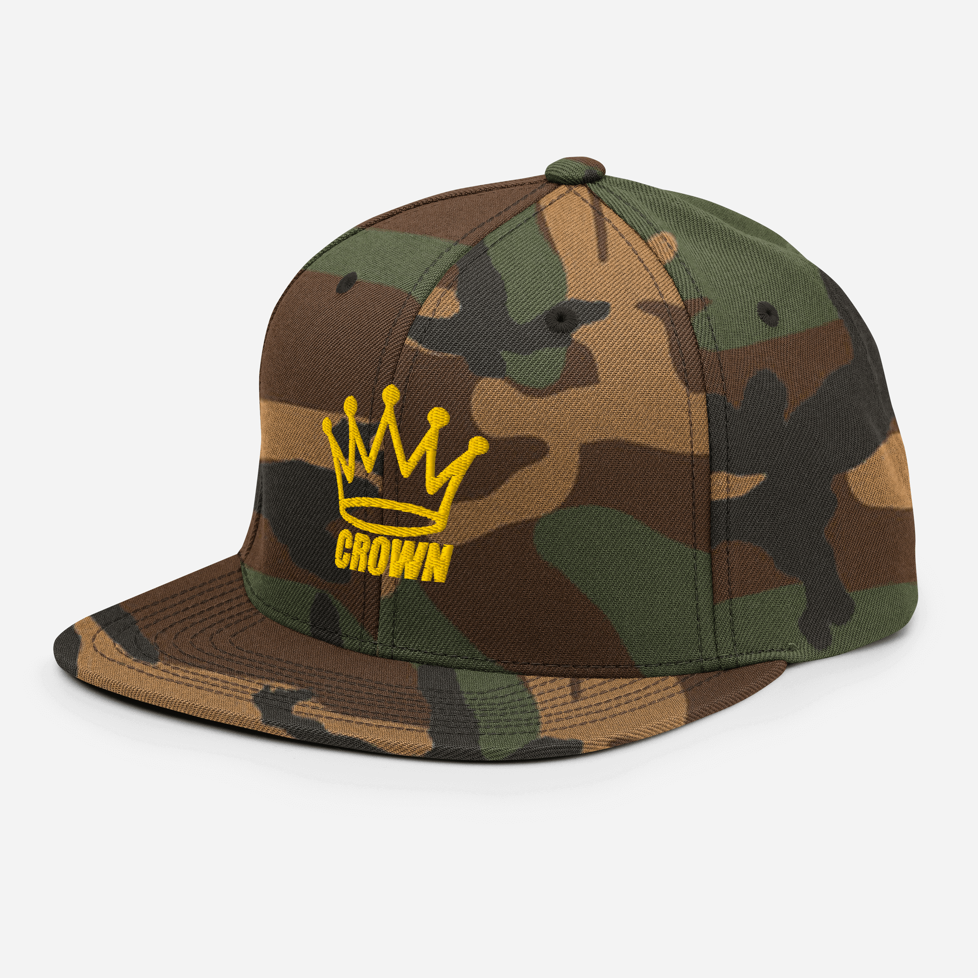 Camo baseball cap with yellow crown graphic.
