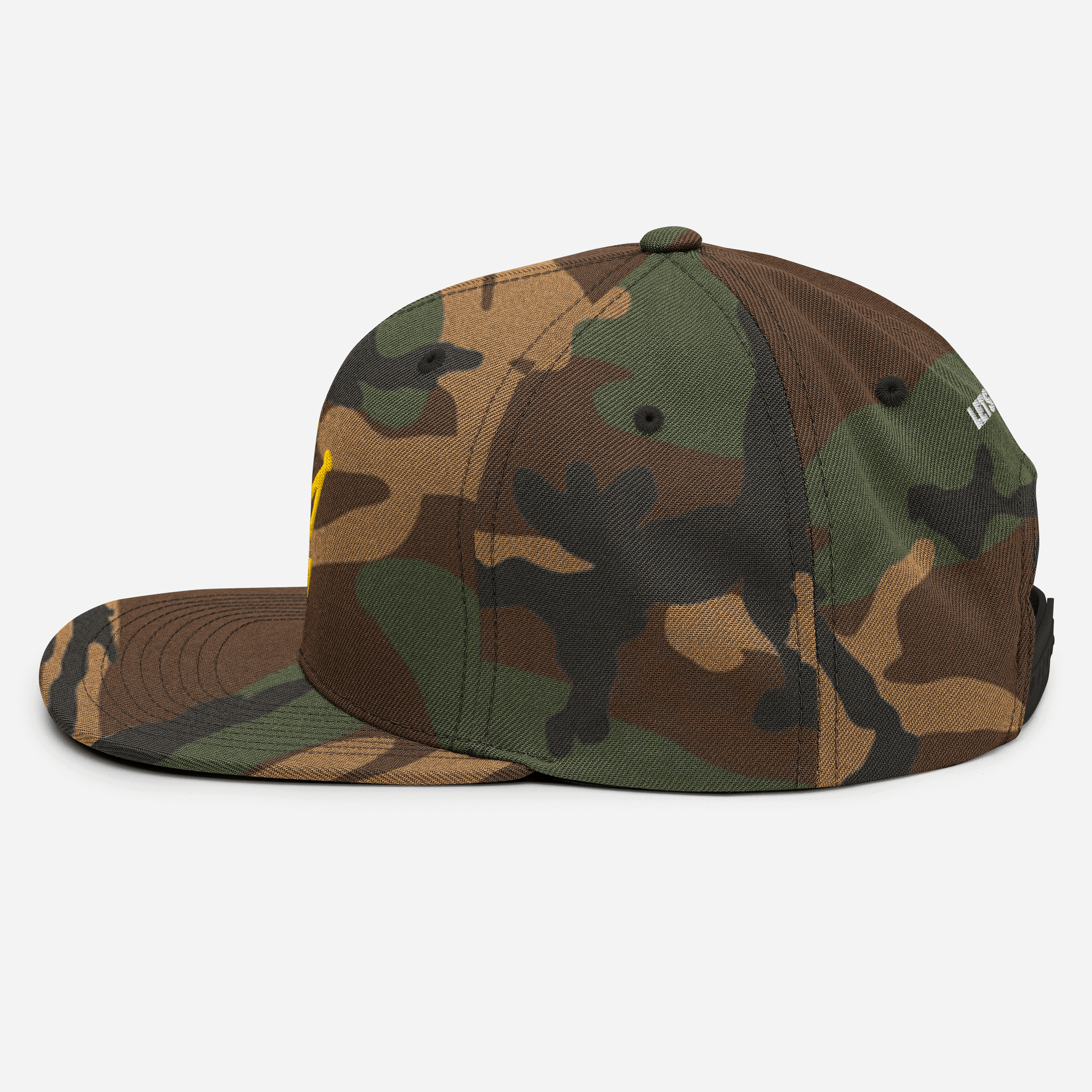 Camouflage baseball cap with yellow emblem and white lettering.