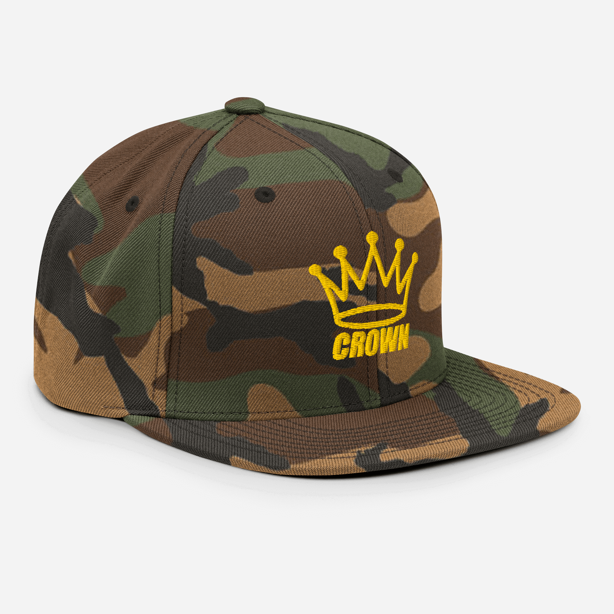 Camouflage baseball cap with yellow "Crown" embroidery.