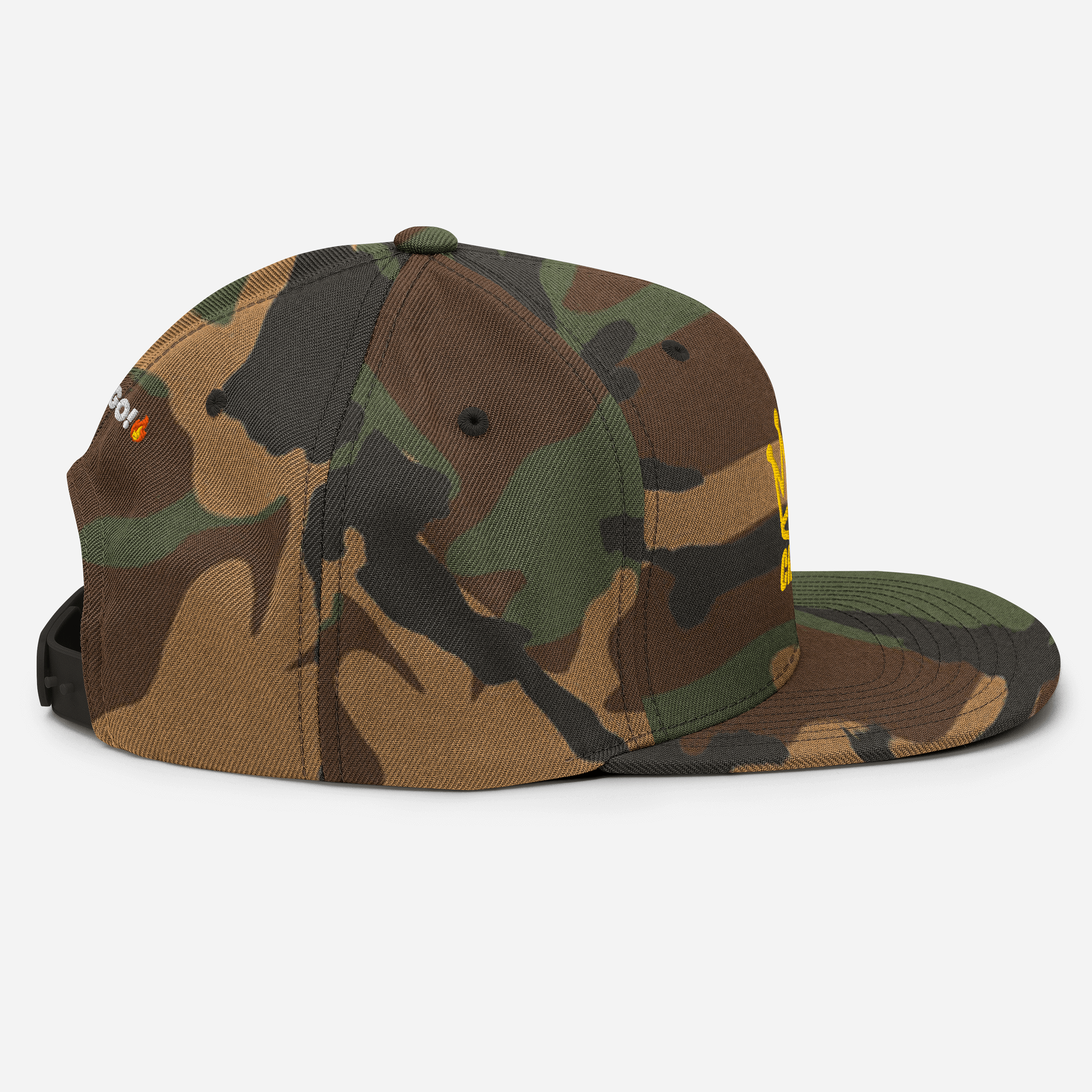 Camouflage baseball cap with yellow and orange text.