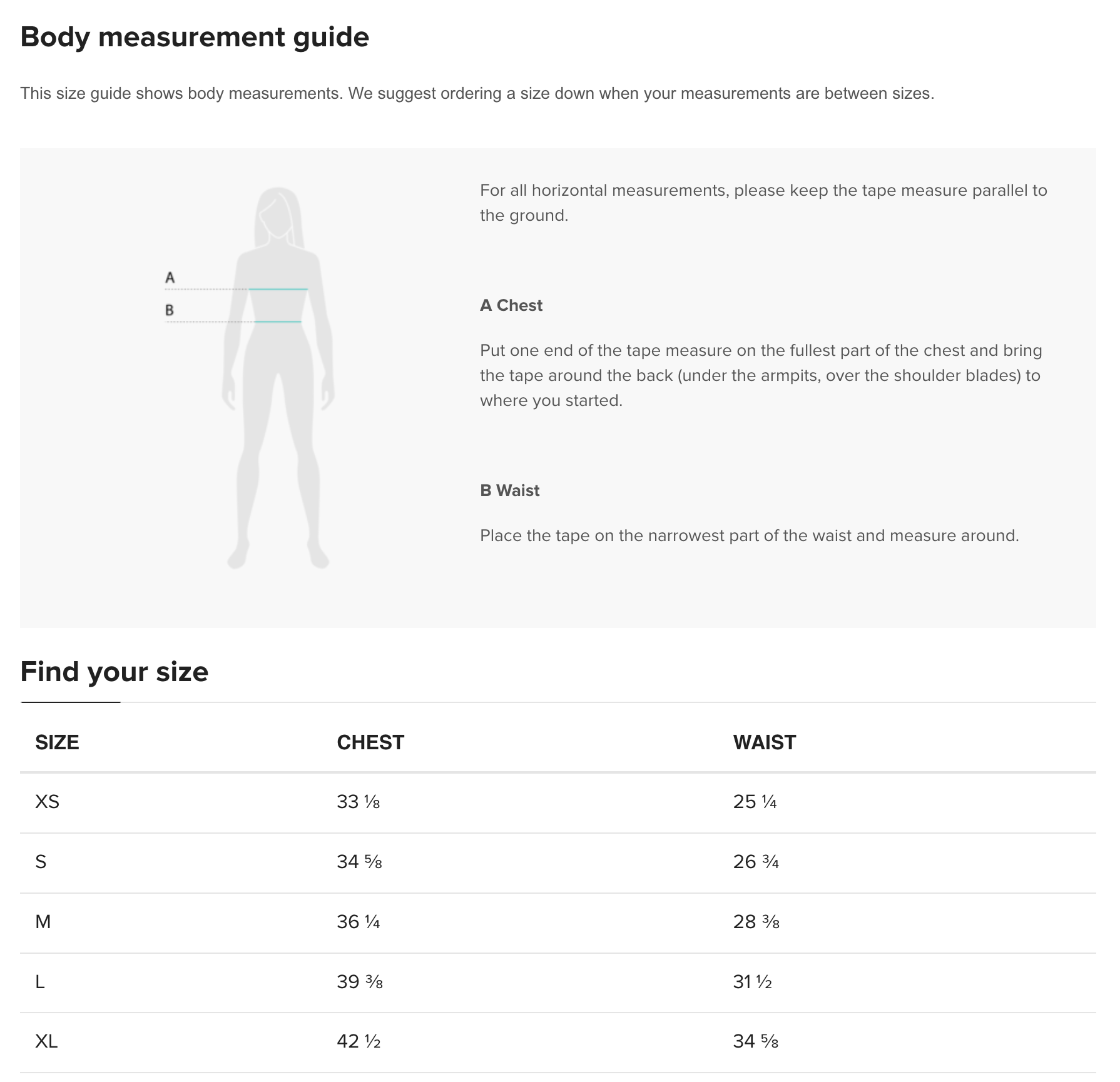 Body measurement guide with a woman's figure and a size chart.