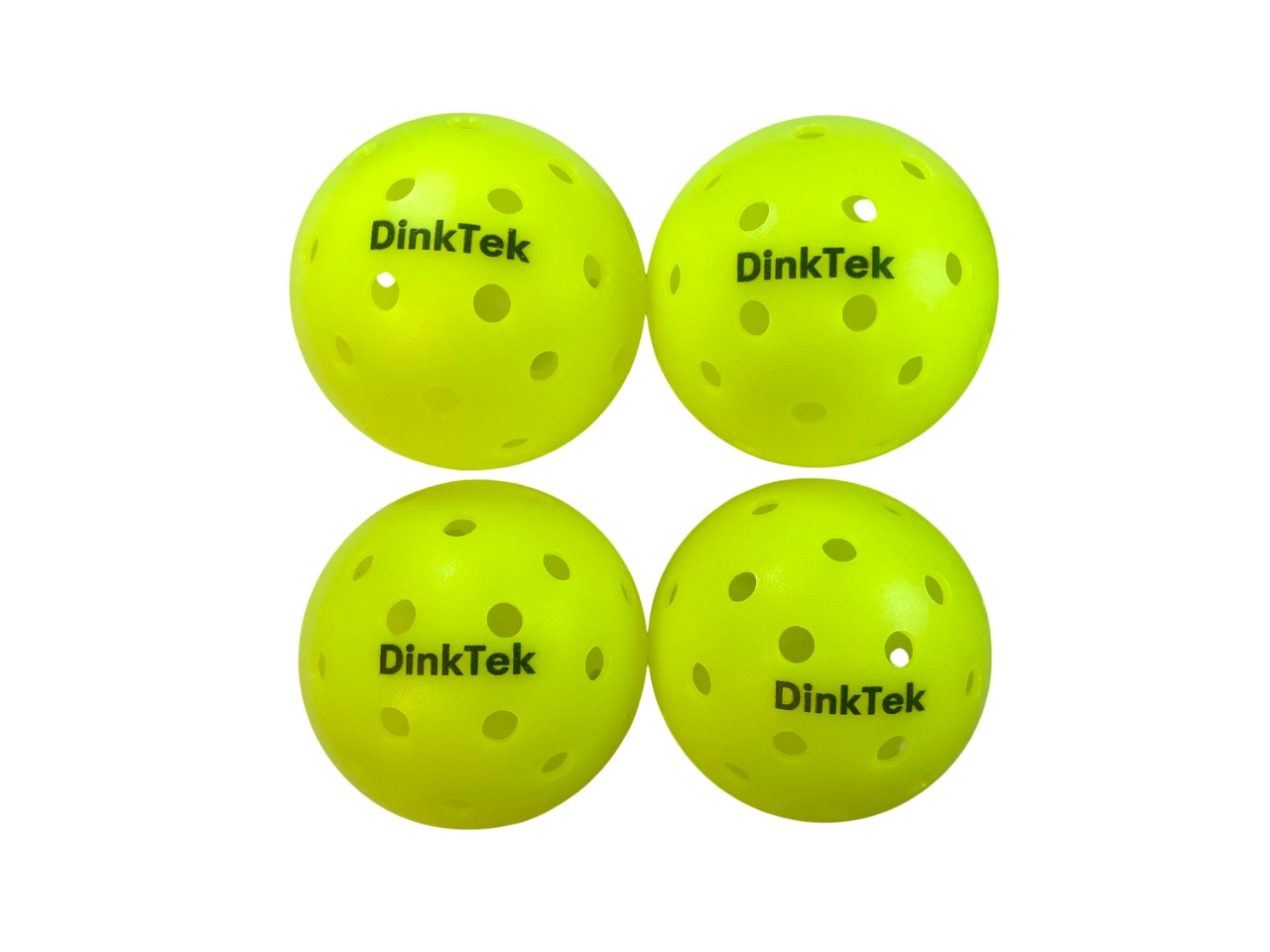 Four yellow pickleballs with holes and "DinkTek" printed on them.