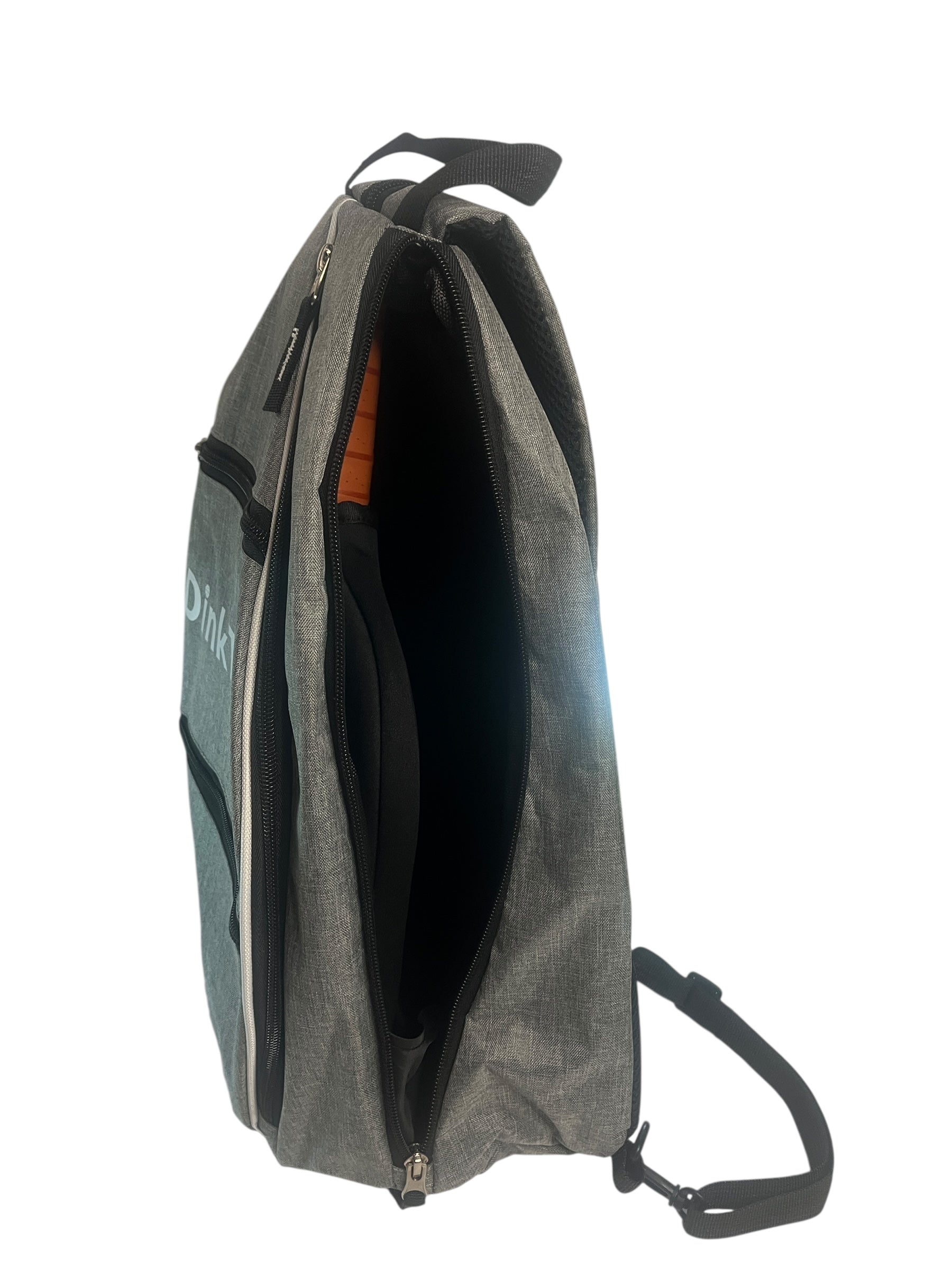 Gray backpack with black zippers.
