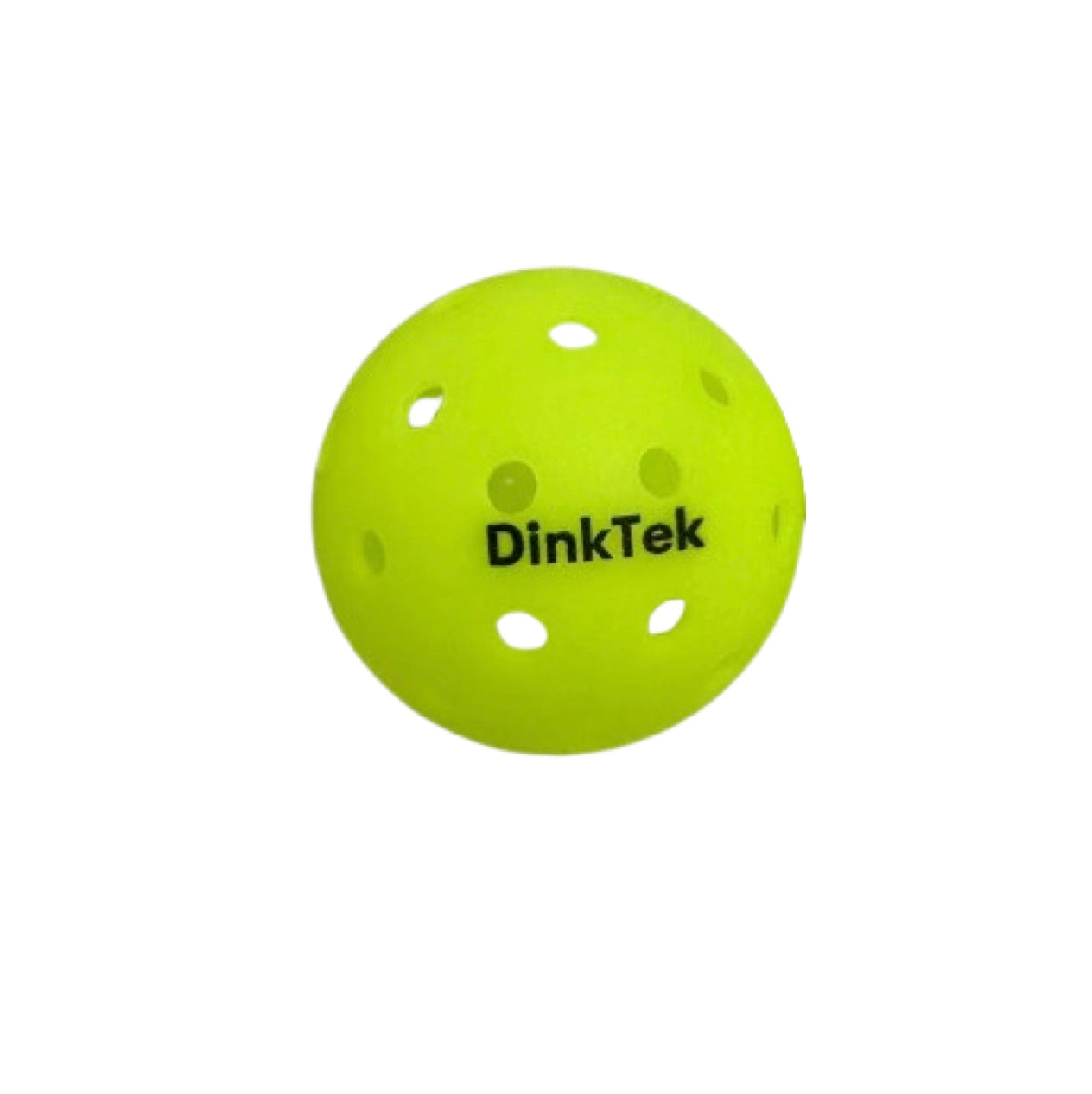 Close-up of a yellow pickleball with holes and the word "DinkTek" printed on it.