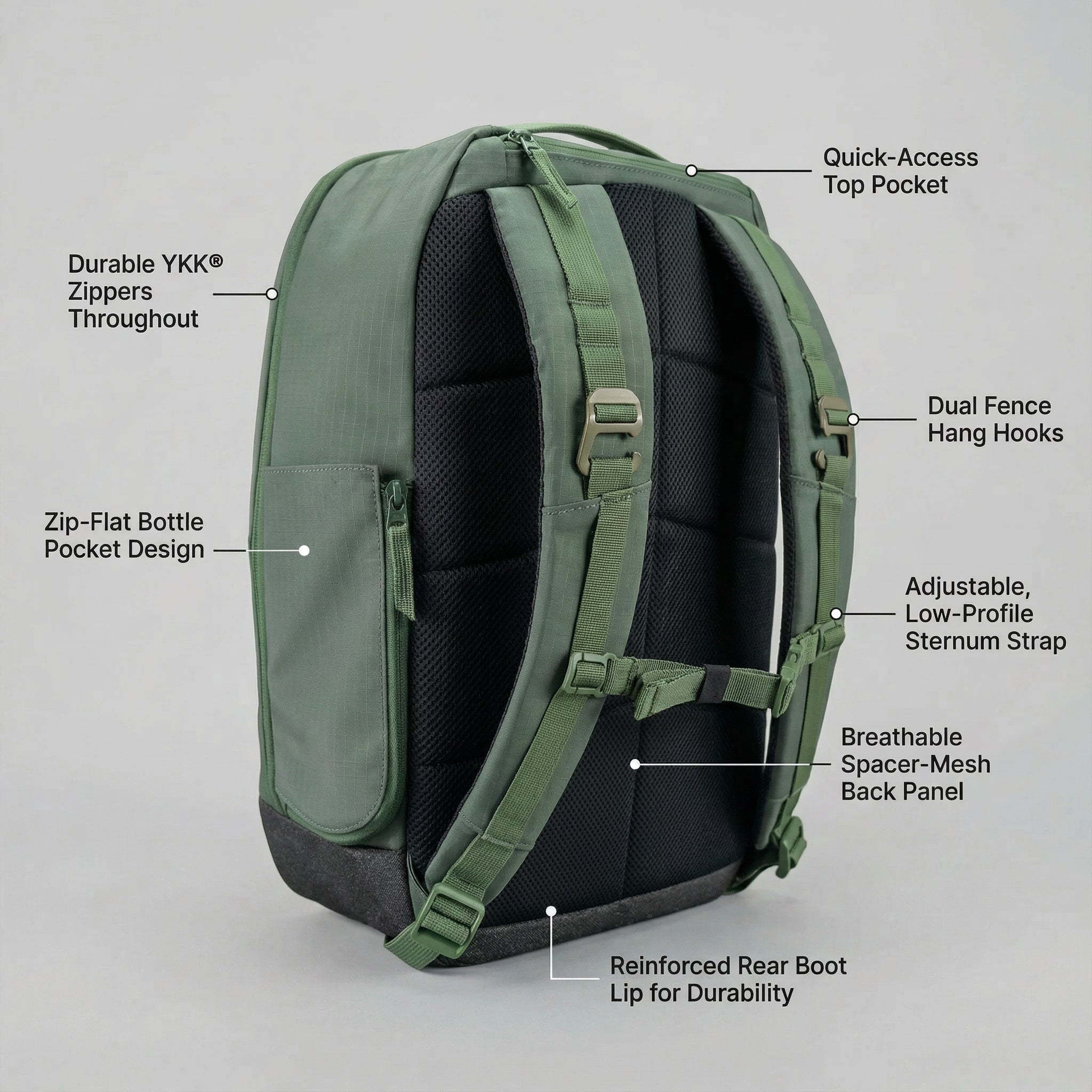 Green pickleball backpack by FORWRD, shown from the back-left with a breathable mesh back panel, YKK zippers, and reinforced base.