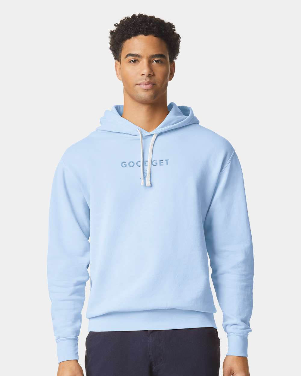 Light blue 'Tone on Tone' hoodie by Good Get with subtle 'GOOD GET' text and white drawstrings.