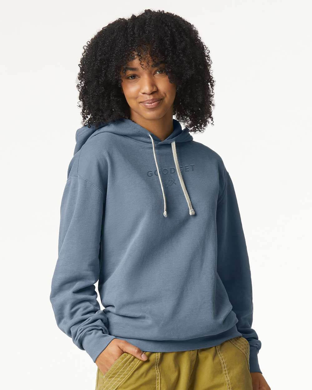 Blue Everyday Hoodie by Good Get, featuring a tone-on-tone embossed 'GOOD GET' logo and white drawstrings.