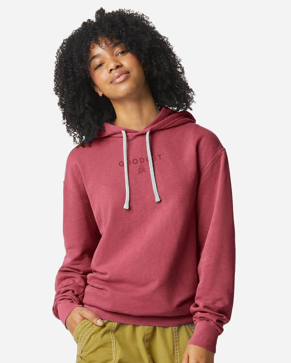 Deep red soft fabric hoodie by Good Get, with a tone-on-tone logo and cream drawstrings.