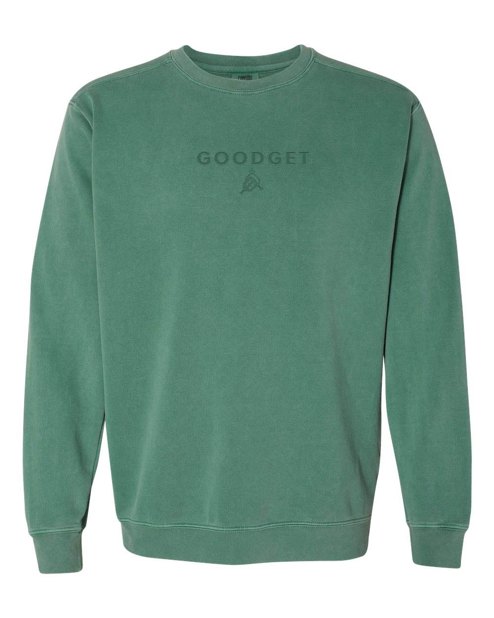Green crewneck sweatshirt by Good Get with subtle tone-on-tone 'GOODGET' text and logo on the chest.