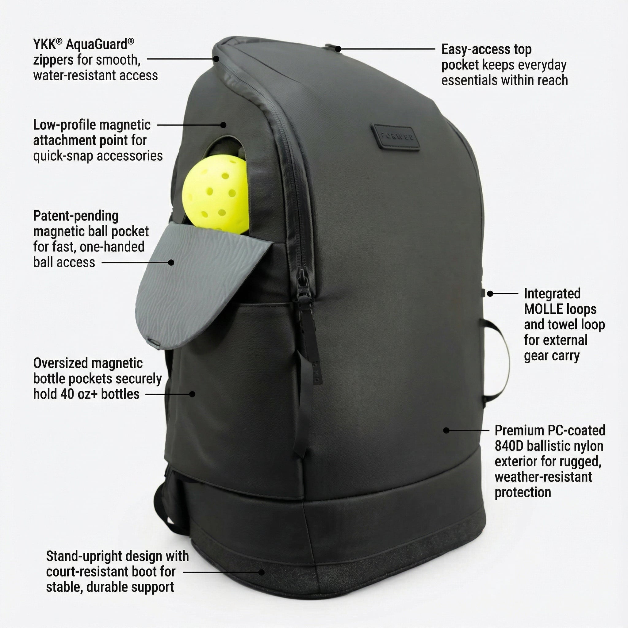 Black pickleball backpack by FORWRD with a yellow pickleball in its magnetic pocket, bottle pockets, and a durable stand-up base.