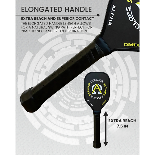 Close up of a black pickleball paddle with an elongated handle.