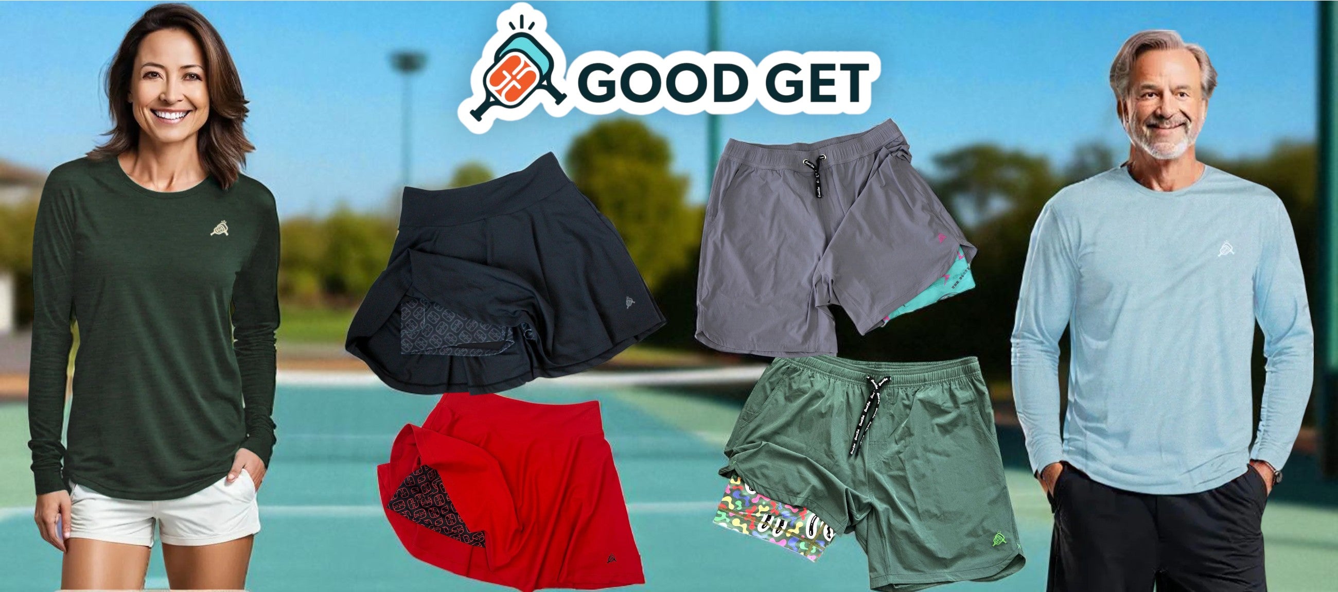 Two people standing outdoors with athletic wear displayed in front of them, featuring the brand 'Good Get'.