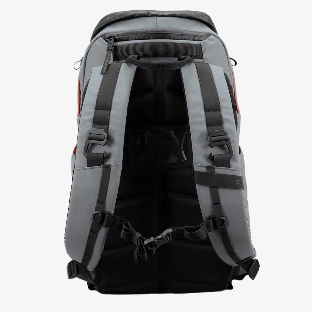 Gray pickleball backpack by FORWRD with padded back panel, adjustable straps, and clear ID window, back view.