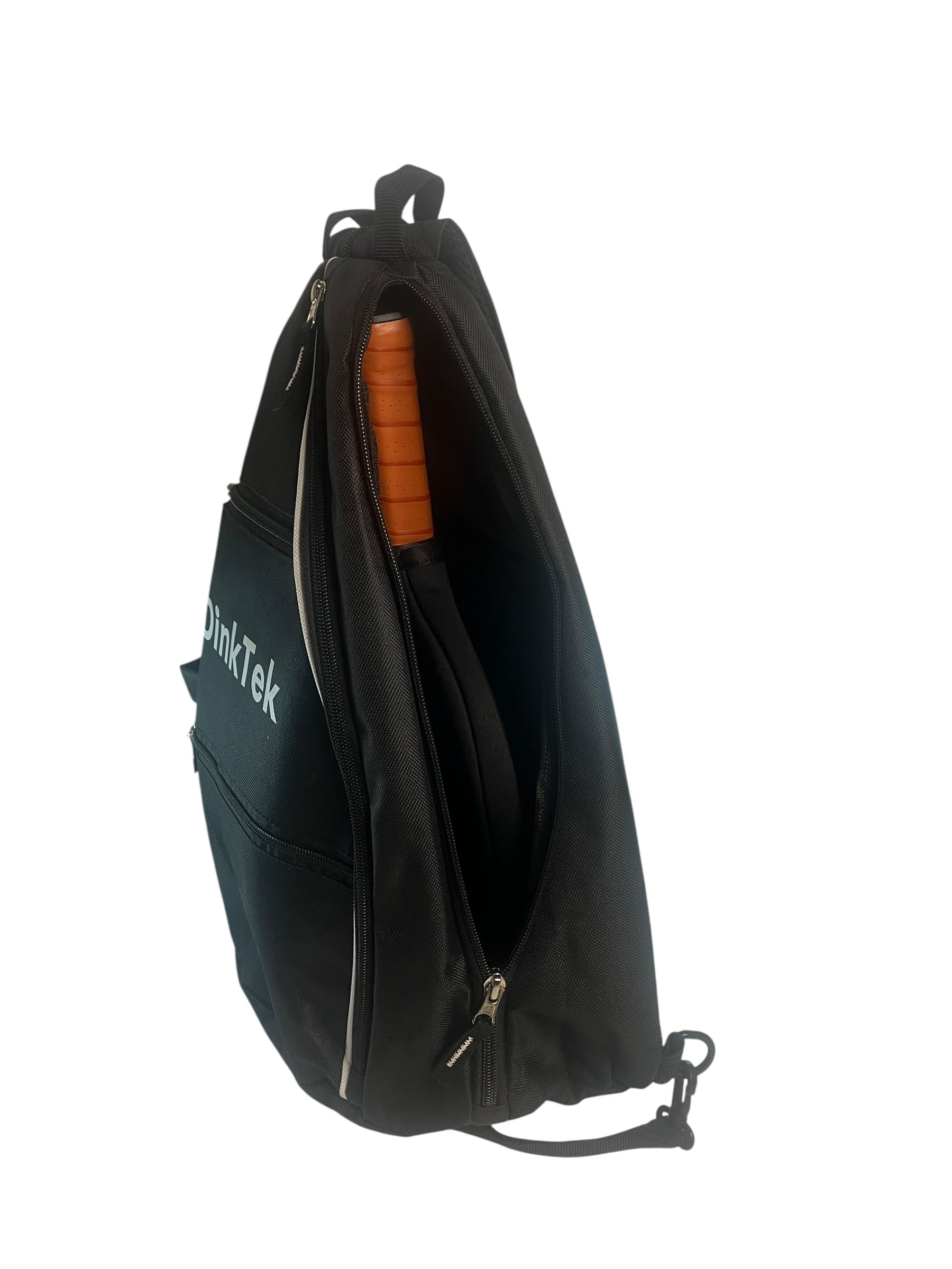 Black bag with white "PinkTek" logo and orange racquet handle peeking out of the top.