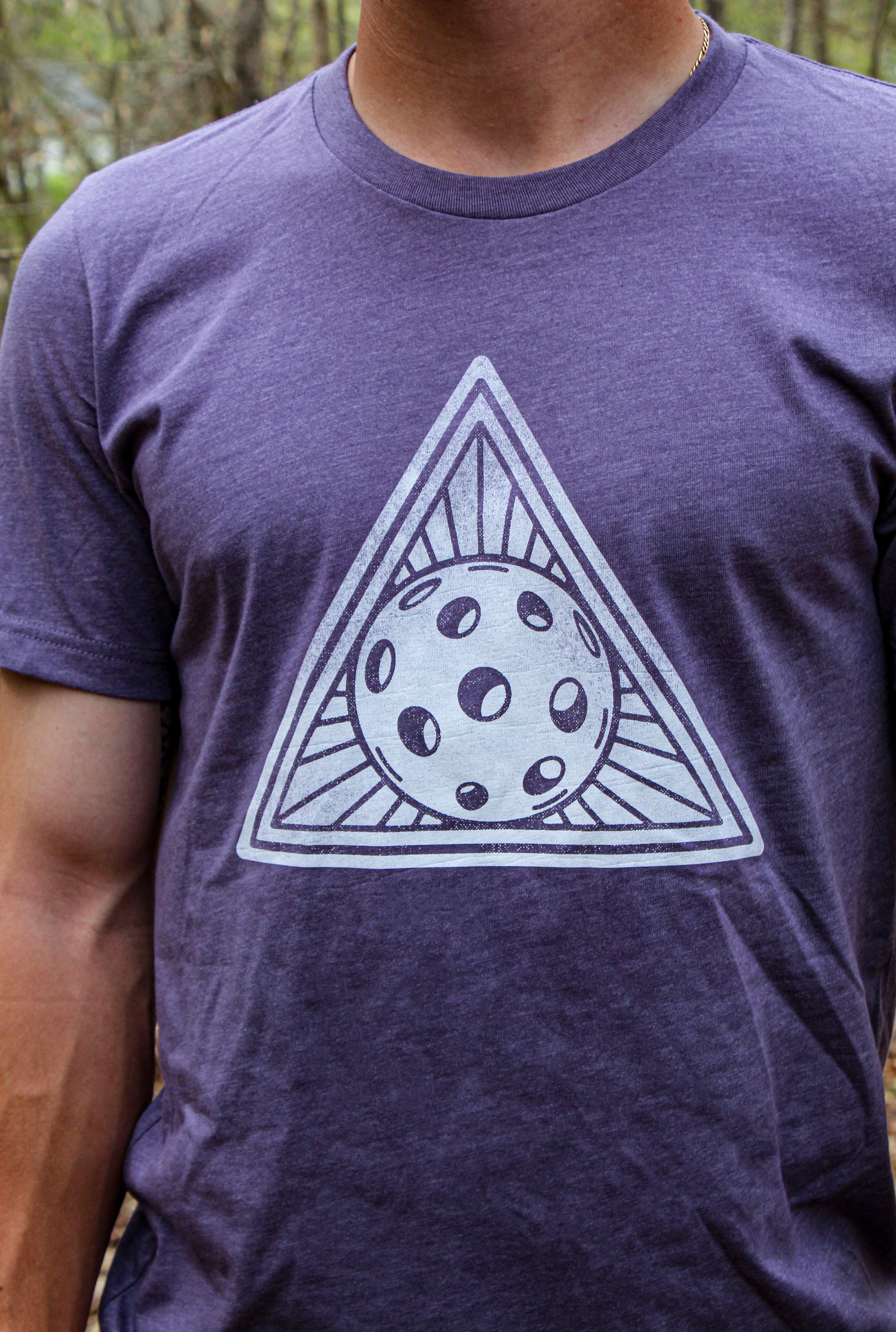 Purple heathered crew neck t-shirt by Good Get featuring a white Dilluminati pickleball graphic.