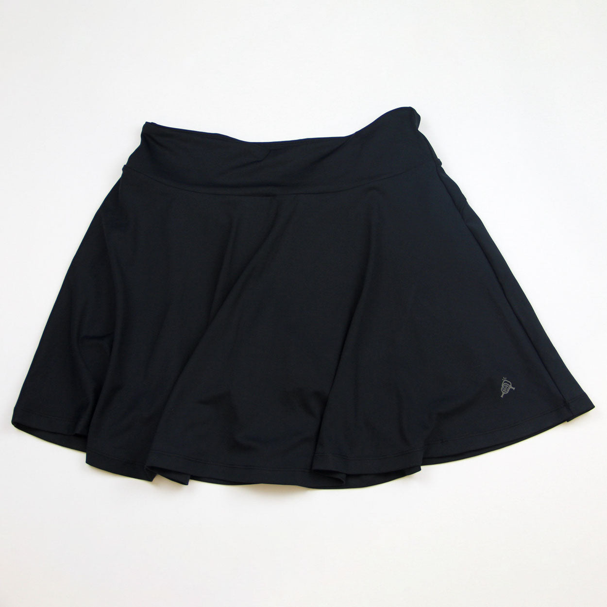 Black women's pickleball skirt by Good Get, with a flared A-line cut and a small gray logo on the hem.