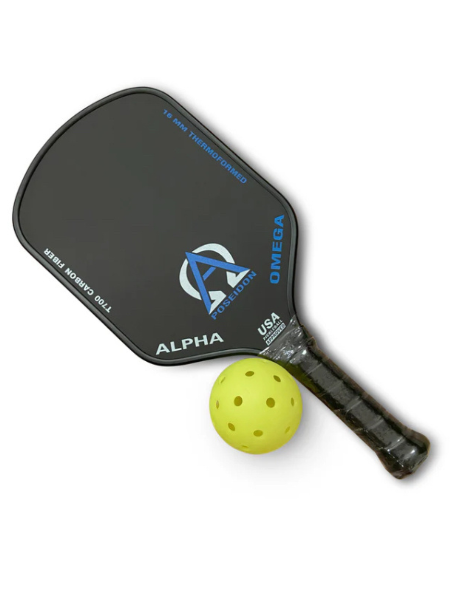 Black pickleball paddle with a yellow pickleball ball on a white background.