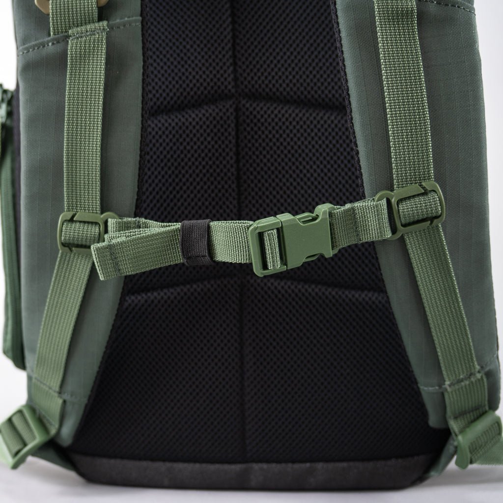 Close-up of a green backpack with a mesh back panel and a green sternum strap.