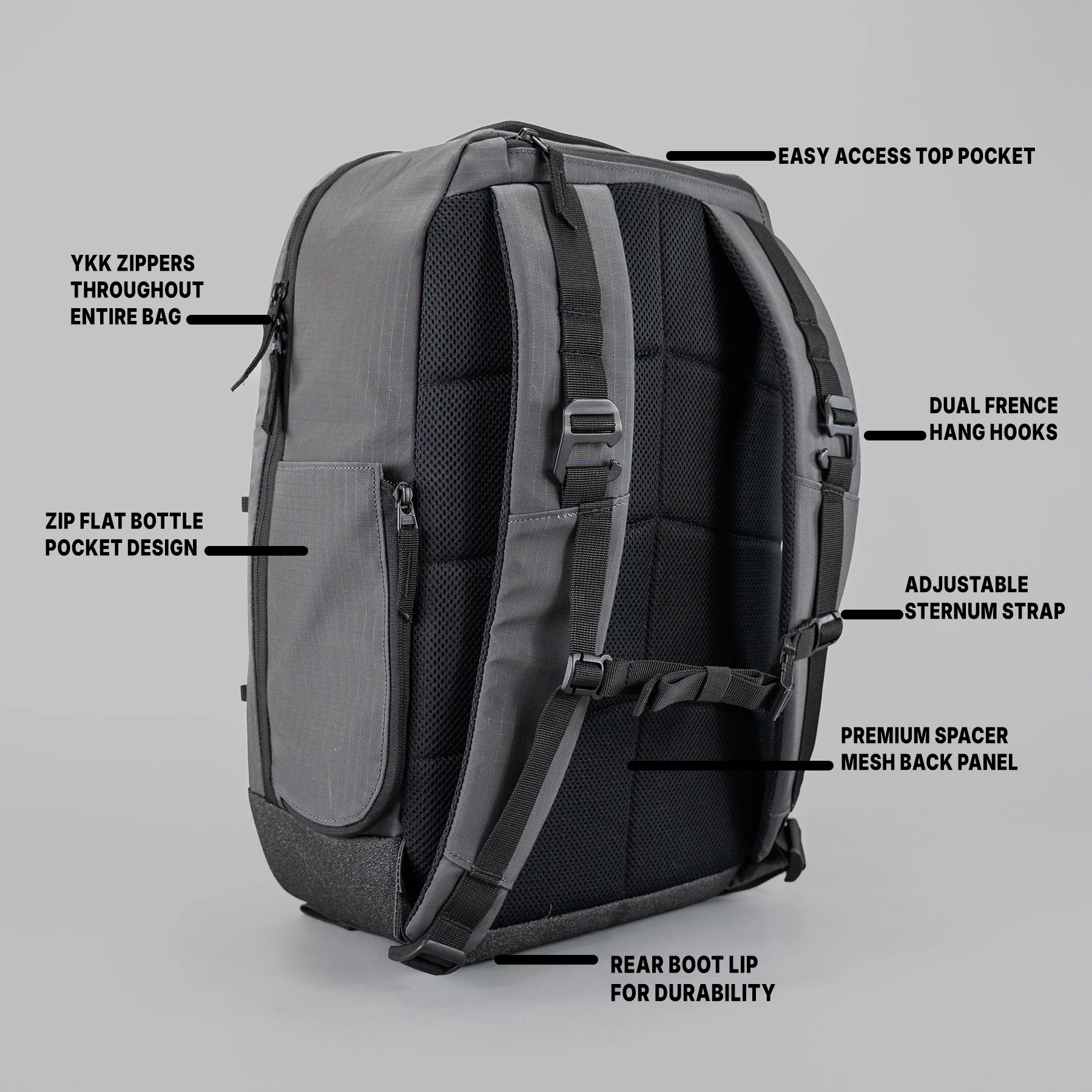 Gray backpack with YKK zippers, flat bottle pocket, rear boot lip, easy access top pocket, dual hang hooks, adjustable sternum strap, and premium mesh back panel.