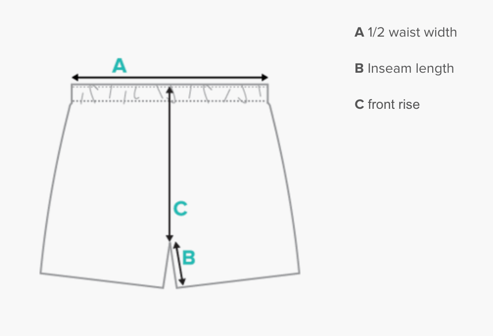 Clothing schematic with measurements labeled for half waist width, inseam length, and front rise.