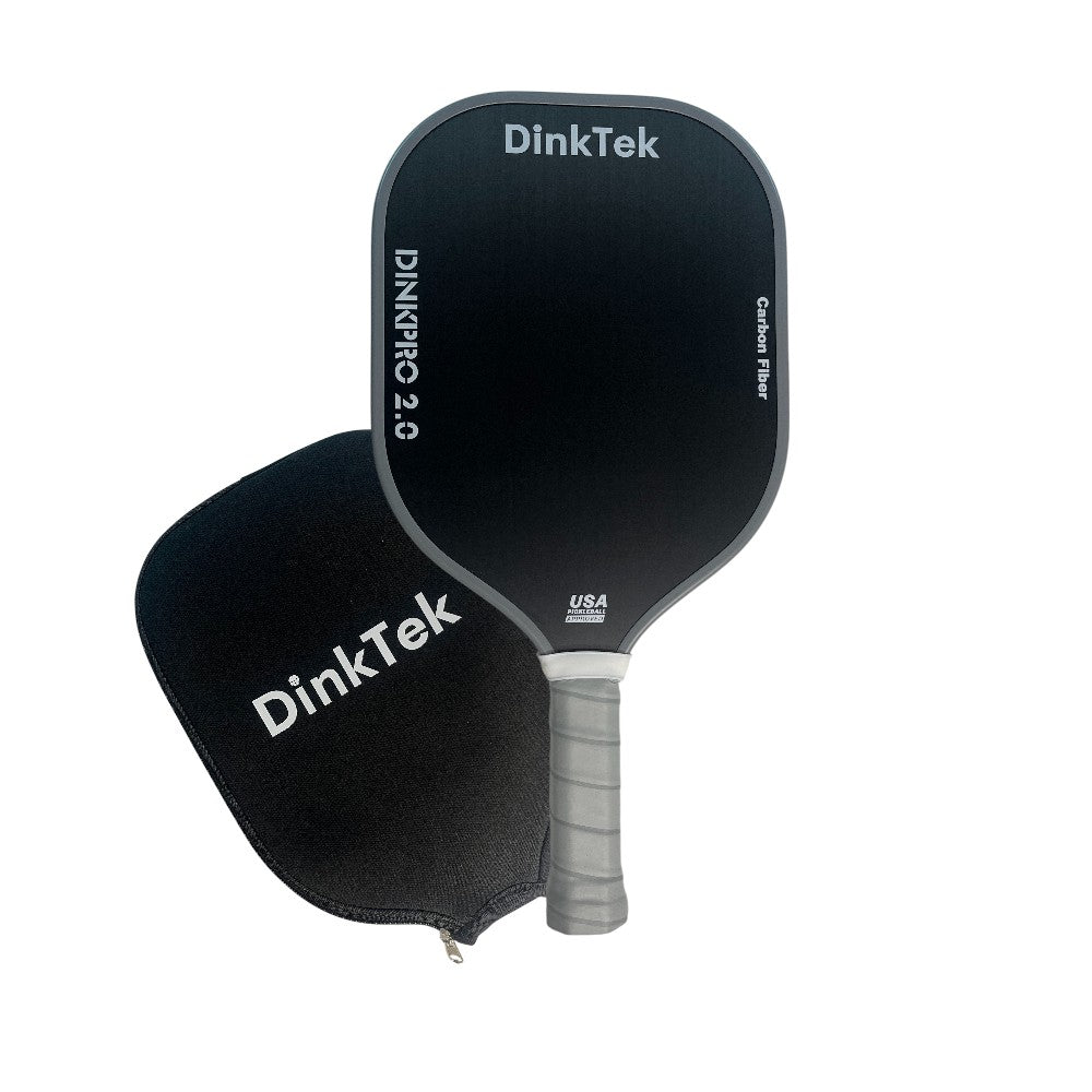 Black DinkTek pickleball paddle with case.