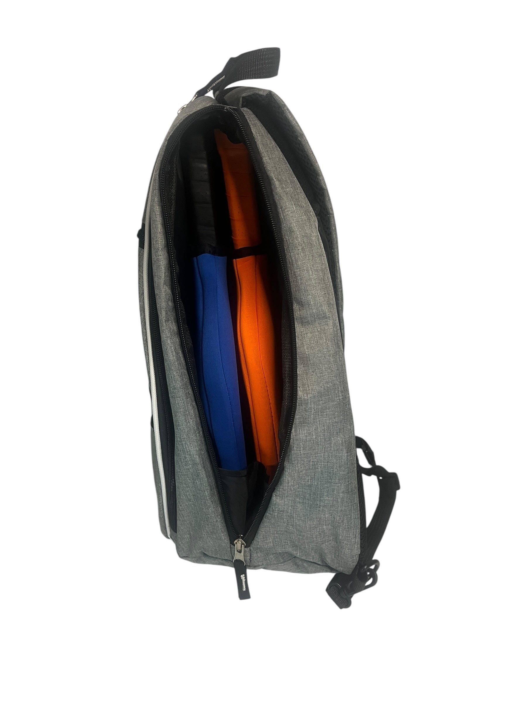Gray backpack with blue and orange items inside.