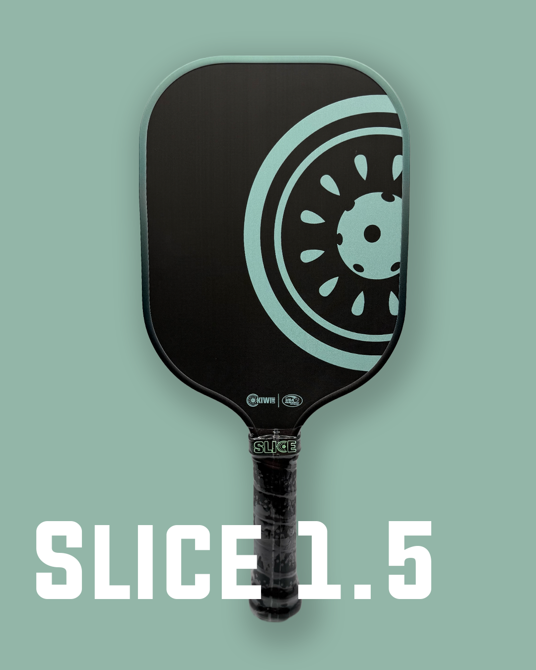 A black pickleball paddle with a teal design on a teal background.