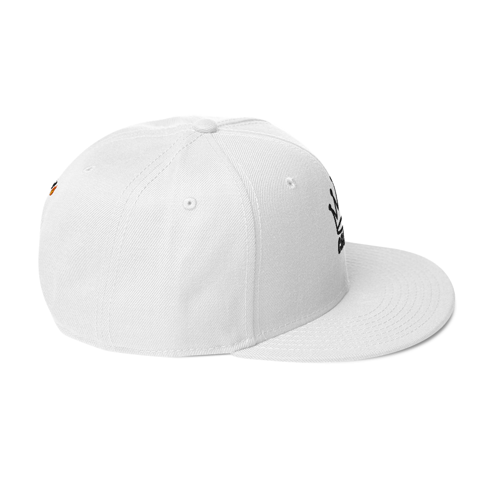 White snapback hat with black embroidery.