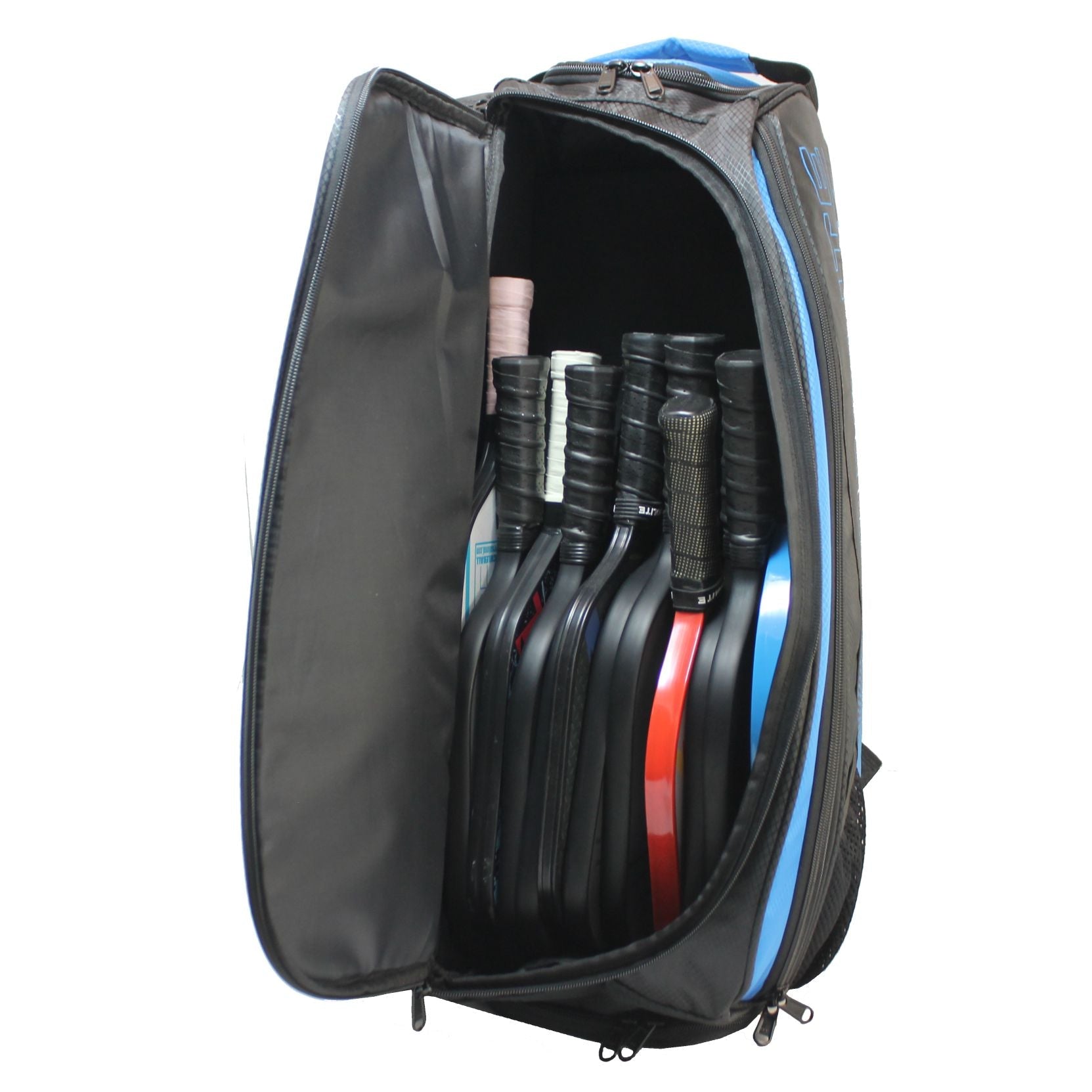 Open black and blue pickleball backpack filled with pickleball paddles.