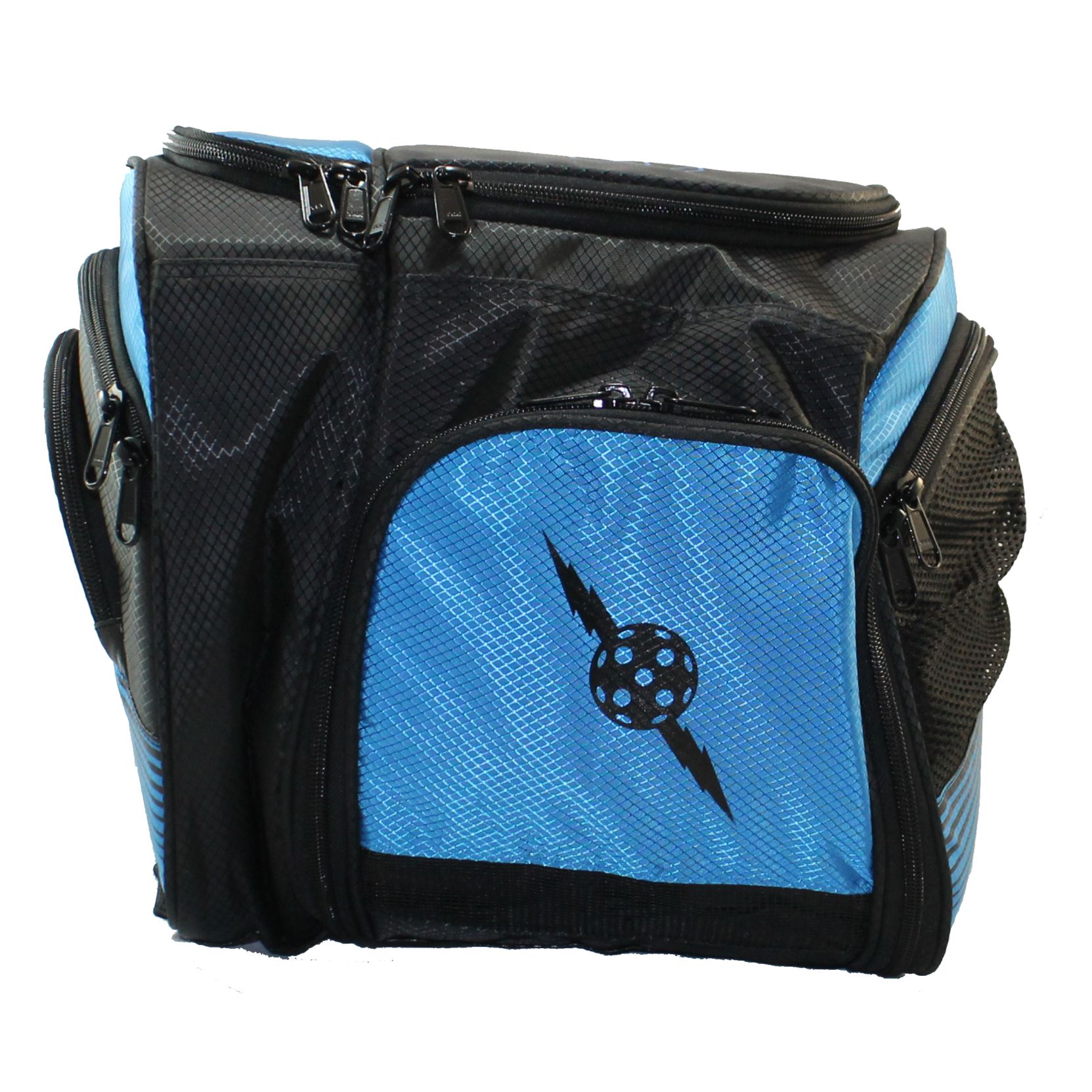 Black and blue bowling bag with a lightning bolt and ball design.