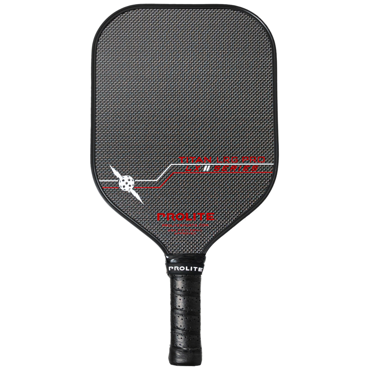 Black carbon fiber pickleball paddle by Prolite, featuring red and white graphics, a pickleball icon, and a black perforated grip.