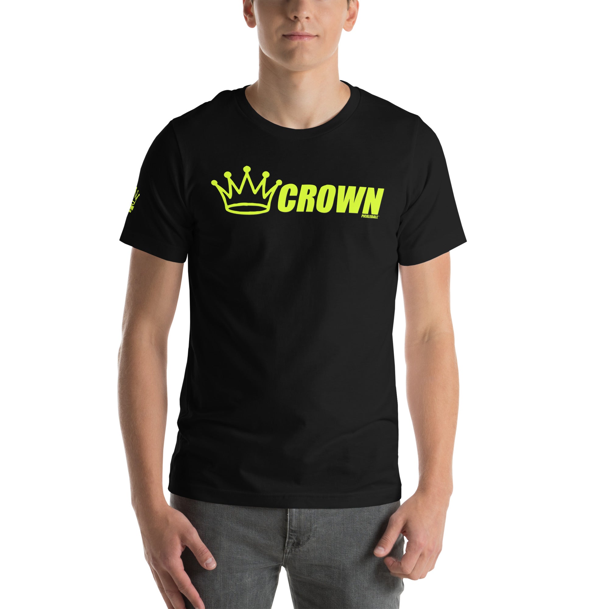 Black t-shirt with neon yellow "Crown Pickleball" graphic.