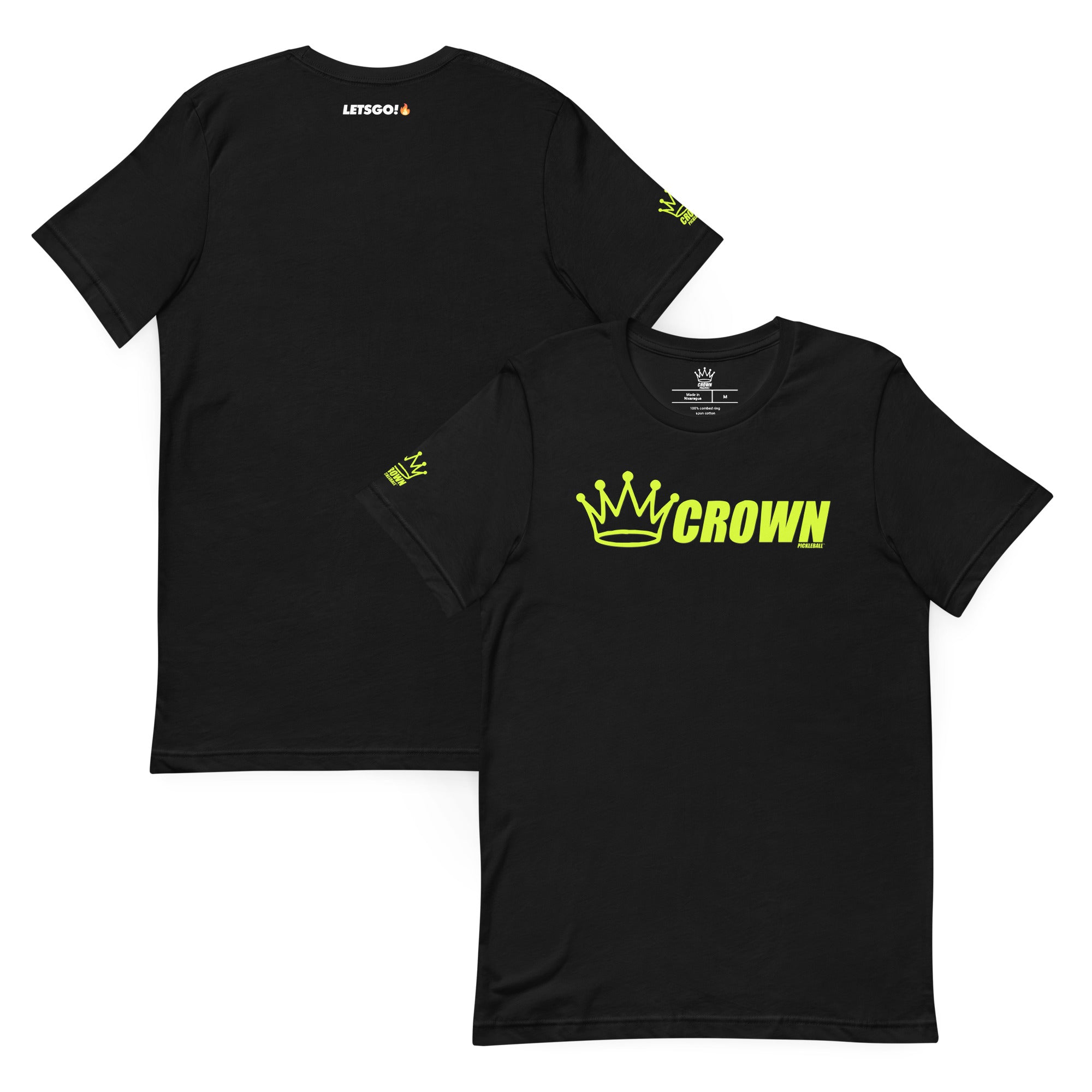 Two black t-shirts, one with a yellow-green "Crown Pickleball" logo.