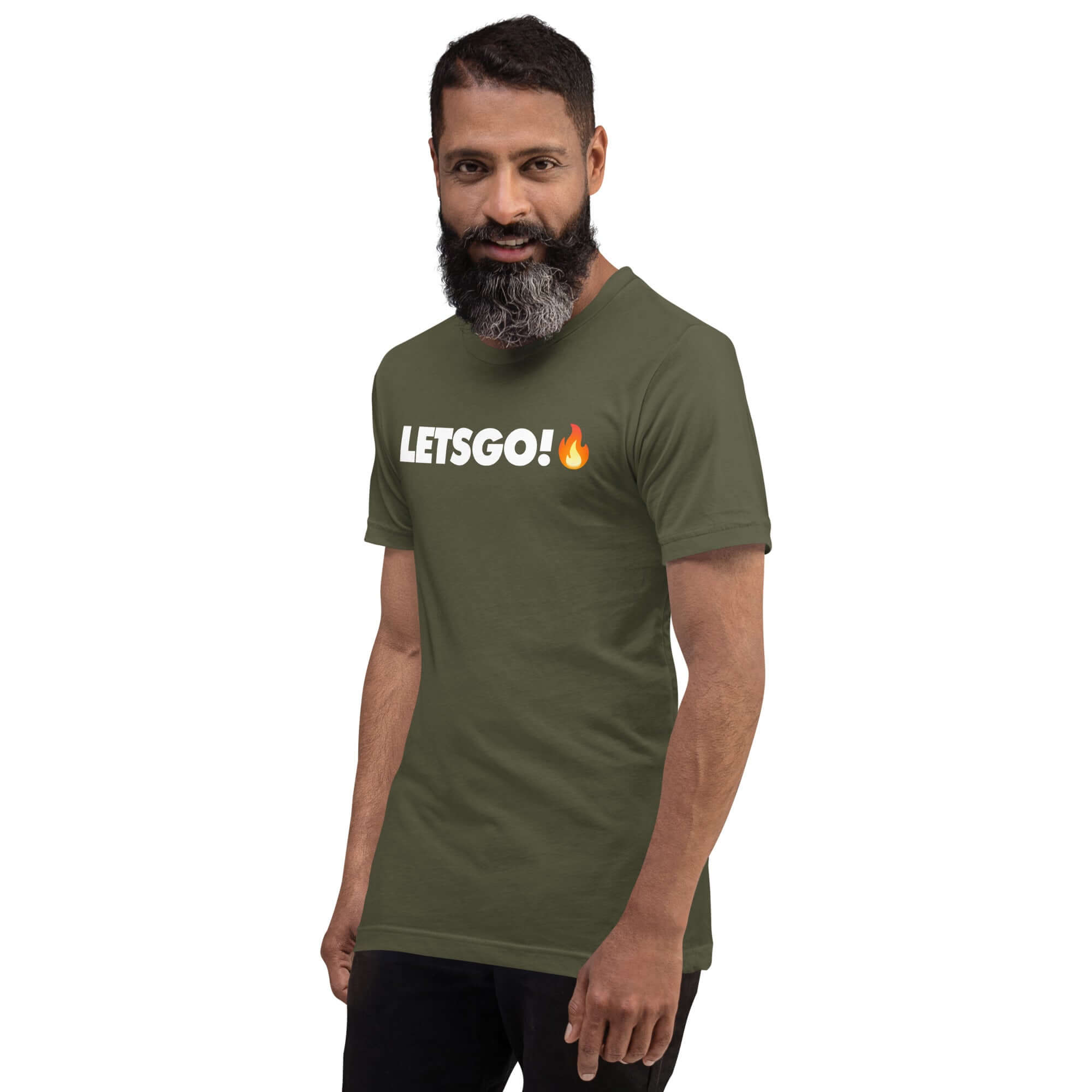 Man in olive green t-shirt with "LETSGO!" printed on it.